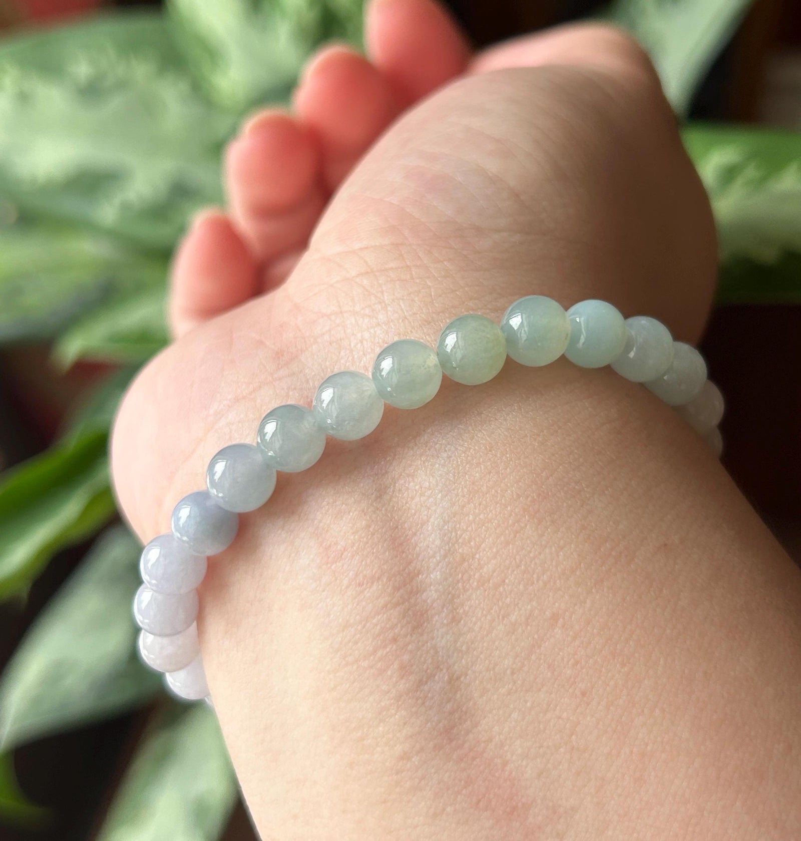 Natural Jadeite Beaded Gradient Bracelet – Burmese Type A Translucent Icy Pale Gradient Multicolor Jade, 7mm