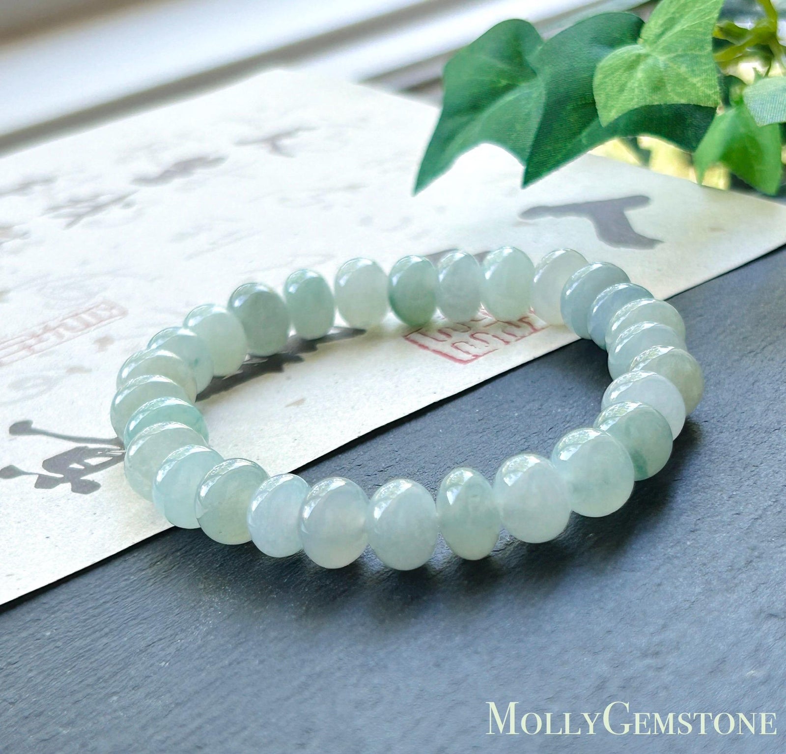 Natural Jadeite Beaded Bracelet, Burmese Type A Untreated Translucent Icy Glutinous Pastel Blue/Green Jade, 9mm