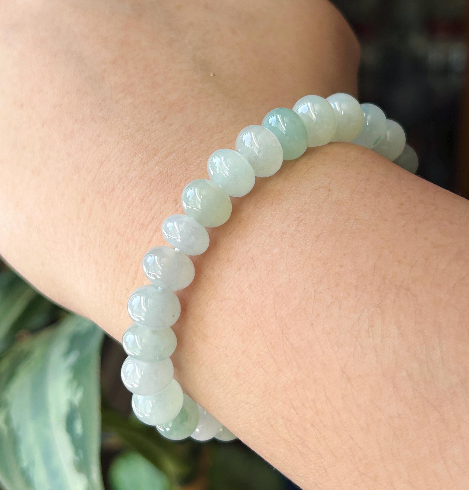 Natural Jadeite Beaded Bracelet, Burmese Type A Untreated Translucent Icy Glutinous Pastel Blue/Green Jade, 9mm