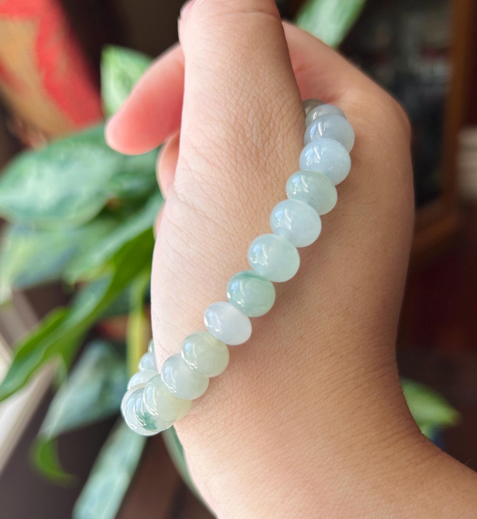 Natural Jadeite Beaded Bracelet, Burmese Type A Untreated Translucent Icy Glutinous Pastel Blue/Green Jade, 9mm