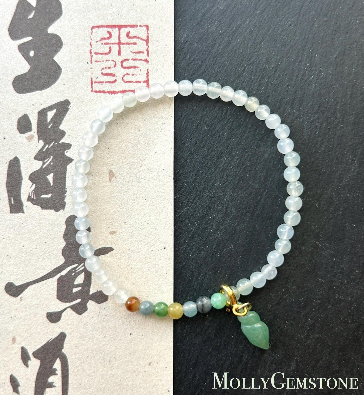 Natural Jadeite Beaded Bracelet – Burmese Type A Highly Translucent Icy Moonlight White Jade with Rainbow Focal, 3.6mm, Minimalist Jewelry