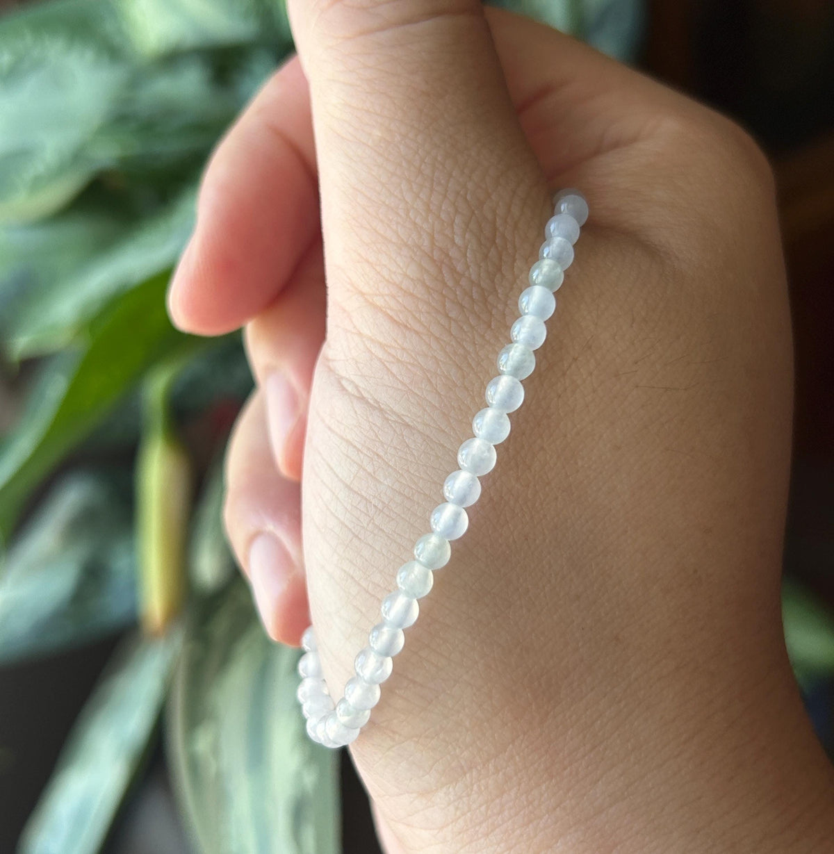 Natural Jadeite Beaded Bracelet – Burmese Type A Highly Translucent Icy Moonlight White Jade with Rainbow Focal, 3.6mm, Minimalist Jewelry