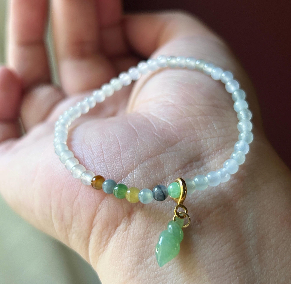 Natural Jadeite Beaded Bracelet – Burmese Type A Highly Translucent Icy Moonlight White Jade with Rainbow Focal, 3.6mm, Minimalist Jewelry