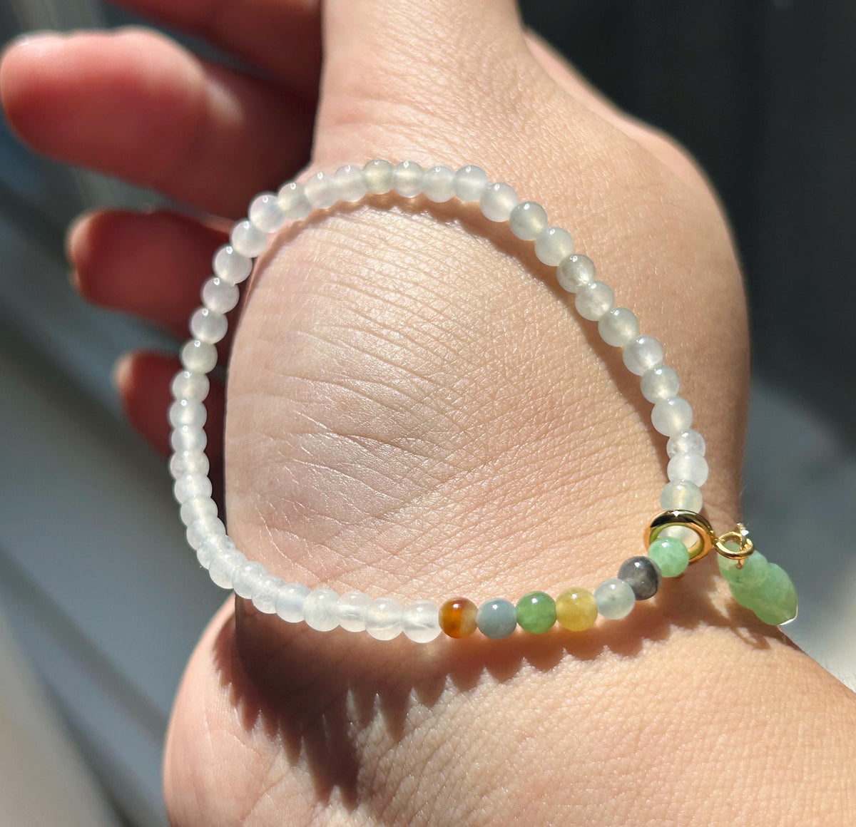 Natural Jadeite Beaded Bracelet – Burmese Type A Highly Translucent Icy Moonlight White Jade with Rainbow Focal, 3.6mm, Minimalist Jewelry