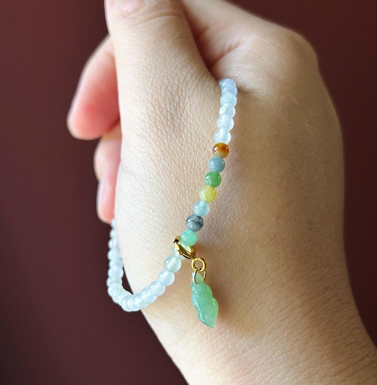 Natural Jadeite Beaded Bracelet – Burmese Type A Highly Translucent Icy Moonlight White Jade with Rainbow Focal, 3.6mm, Minimalist Jewelry
