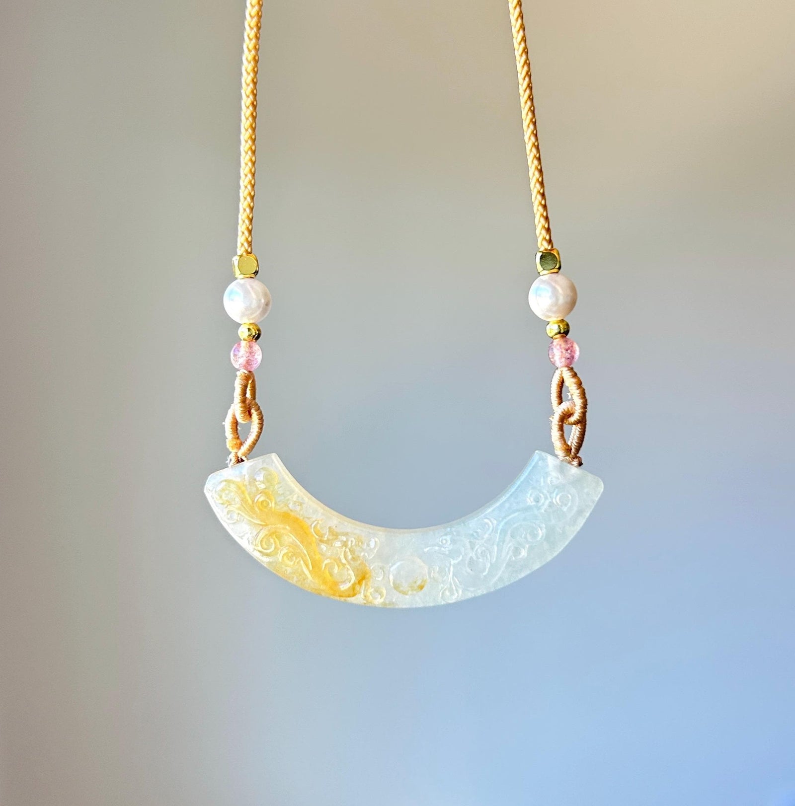 Natural Jadeite Double Dragon & Pearl Pendant Adjustable Necklace Burmese Type A Unheated Translucent Icy Pale Green and Honey Yellow Jade