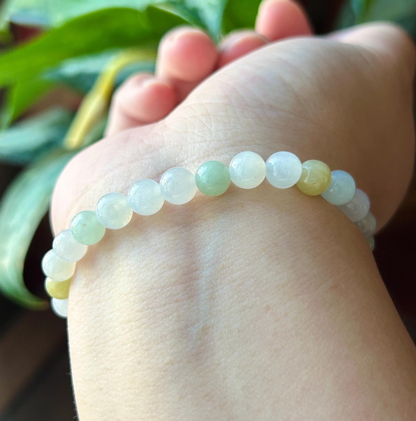 Natural Jadeite Beaded Bracelet, Burmese Type A Untreated Translucent Icy Glutinous Pastel Multicolor Jade, 6.5mm
