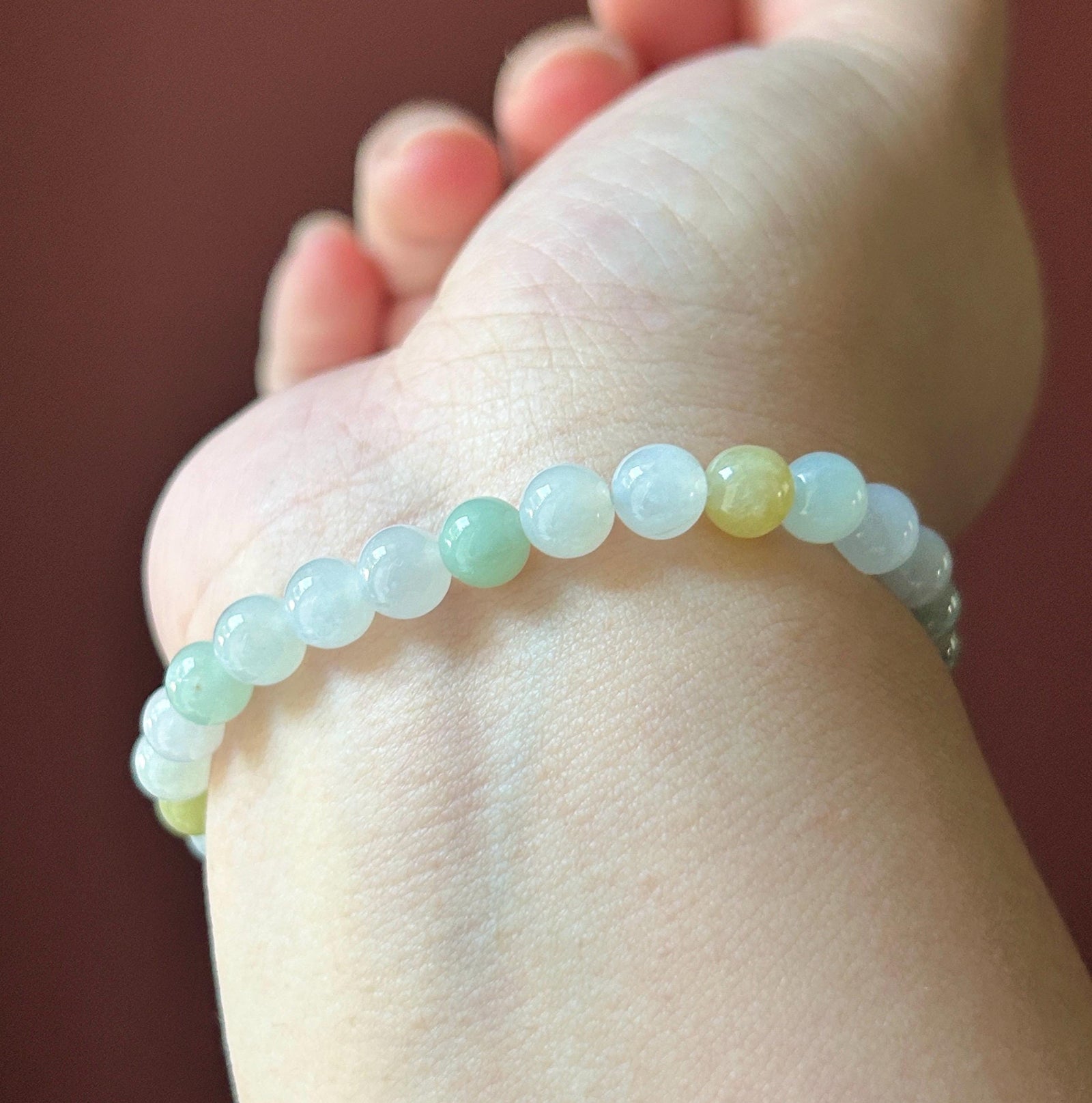Natural Jadeite Beaded Bracelet, Burmese Type A Untreated Translucent Icy Glutinous Pastel Multicolor Jade, 6.5mm