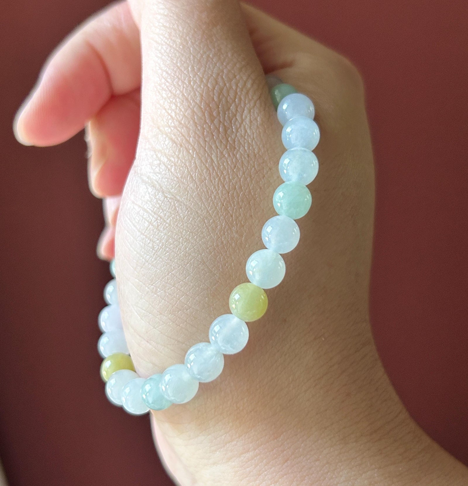 Natural Jadeite Beaded Bracelet, Burmese Type A Untreated Translucent Icy Glutinous Pastel Multicolor Jade, 6.5mm