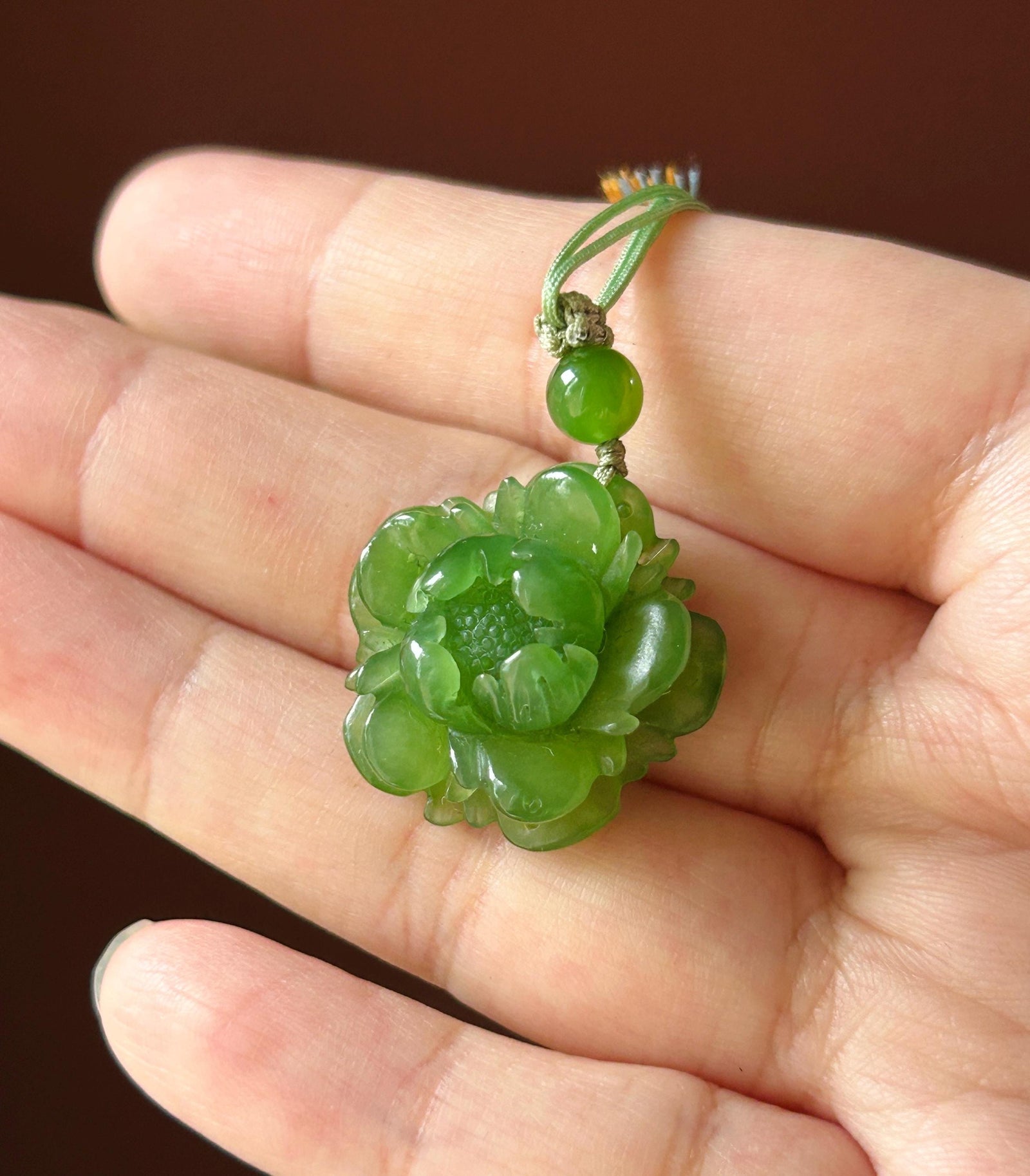 Natural Vivid Apple Green Nephrite Jade Peony Flower Pendant | Hand Carved Jade Necklace | Prosperity Amulet