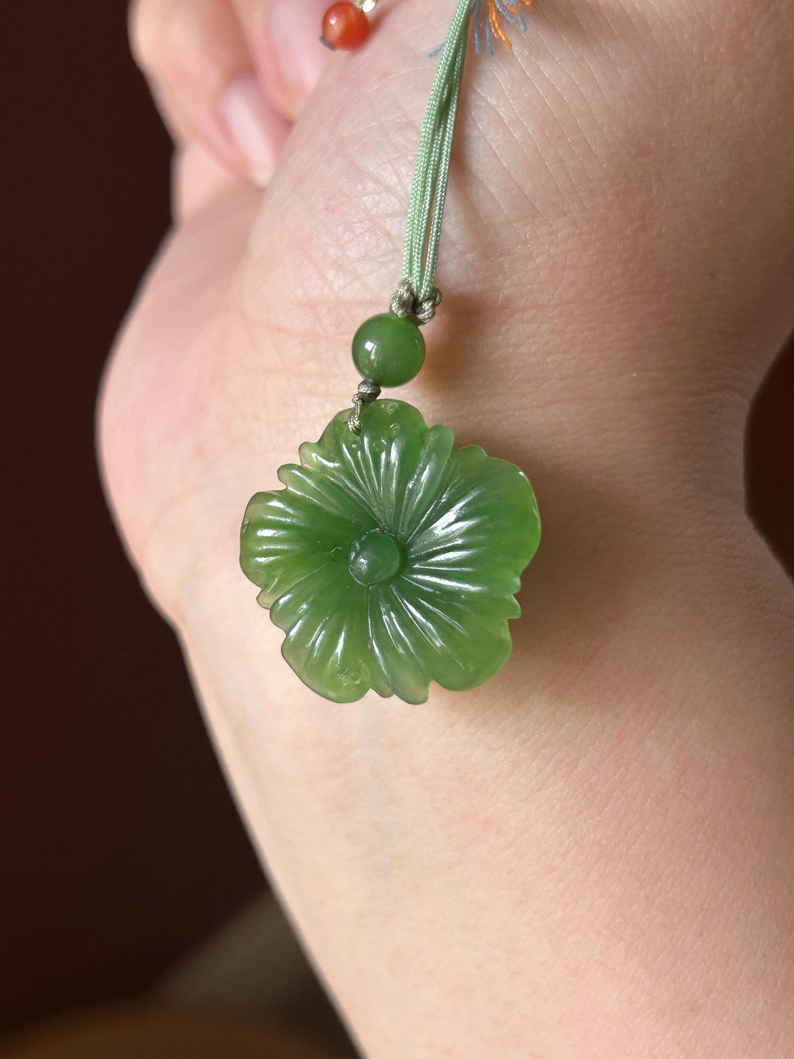 Natural Vivid Apple Green Nephrite Jade Peony Flower Pendant | Hand Carved Jade Necklace | Prosperity Amulet