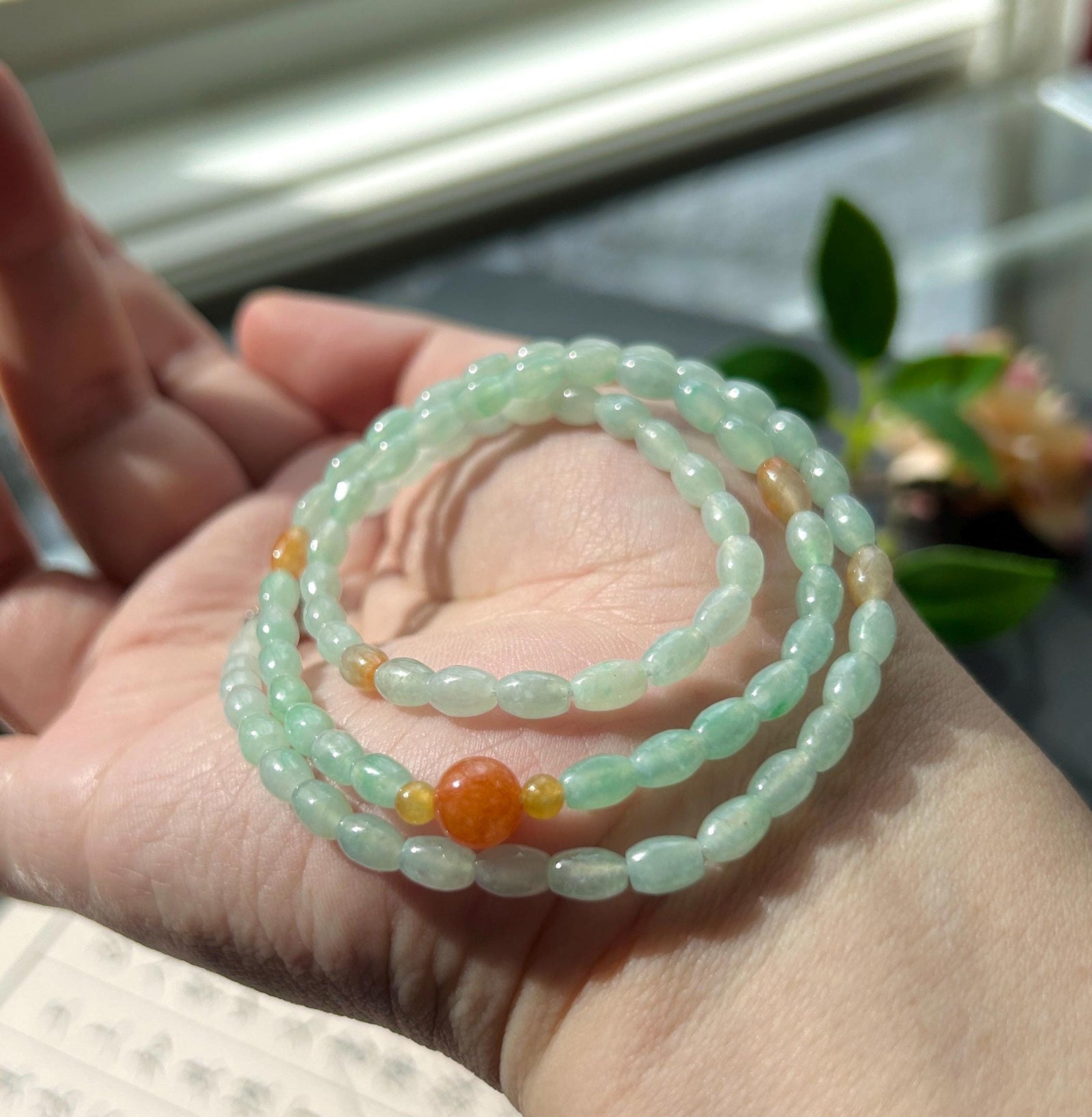 Certified Natural Jadeite Beaded Stacked Bracelet/Necklace Jewelry Burmese Type A Highly Translucent Icy Pale Green Jade Rice Beads 4mm