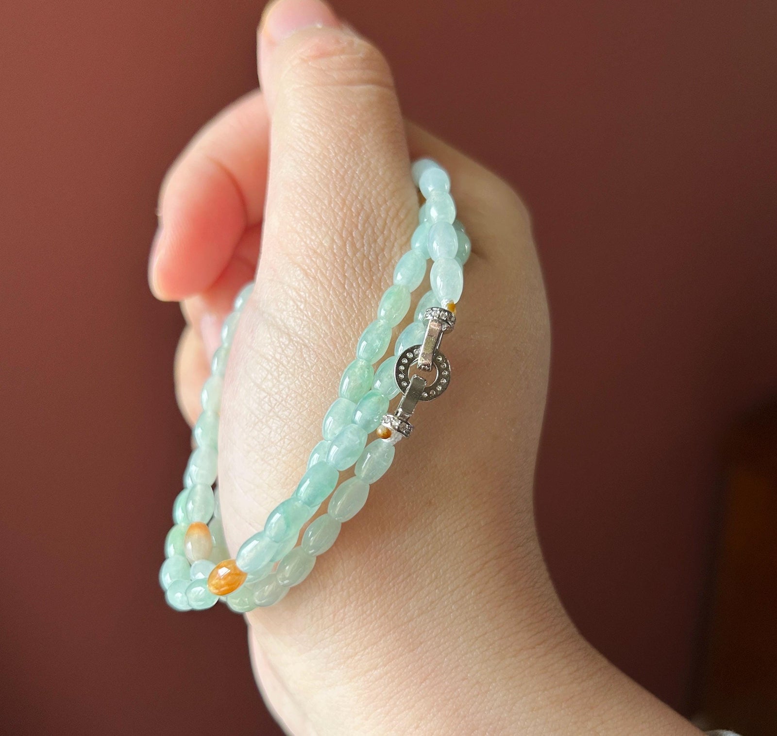 Certified Natural Jadeite Beaded Stacked Bracelet/Necklace Jewelry Burmese Type A Highly Translucent Icy Pale Green Jade Rice Beads 4mm