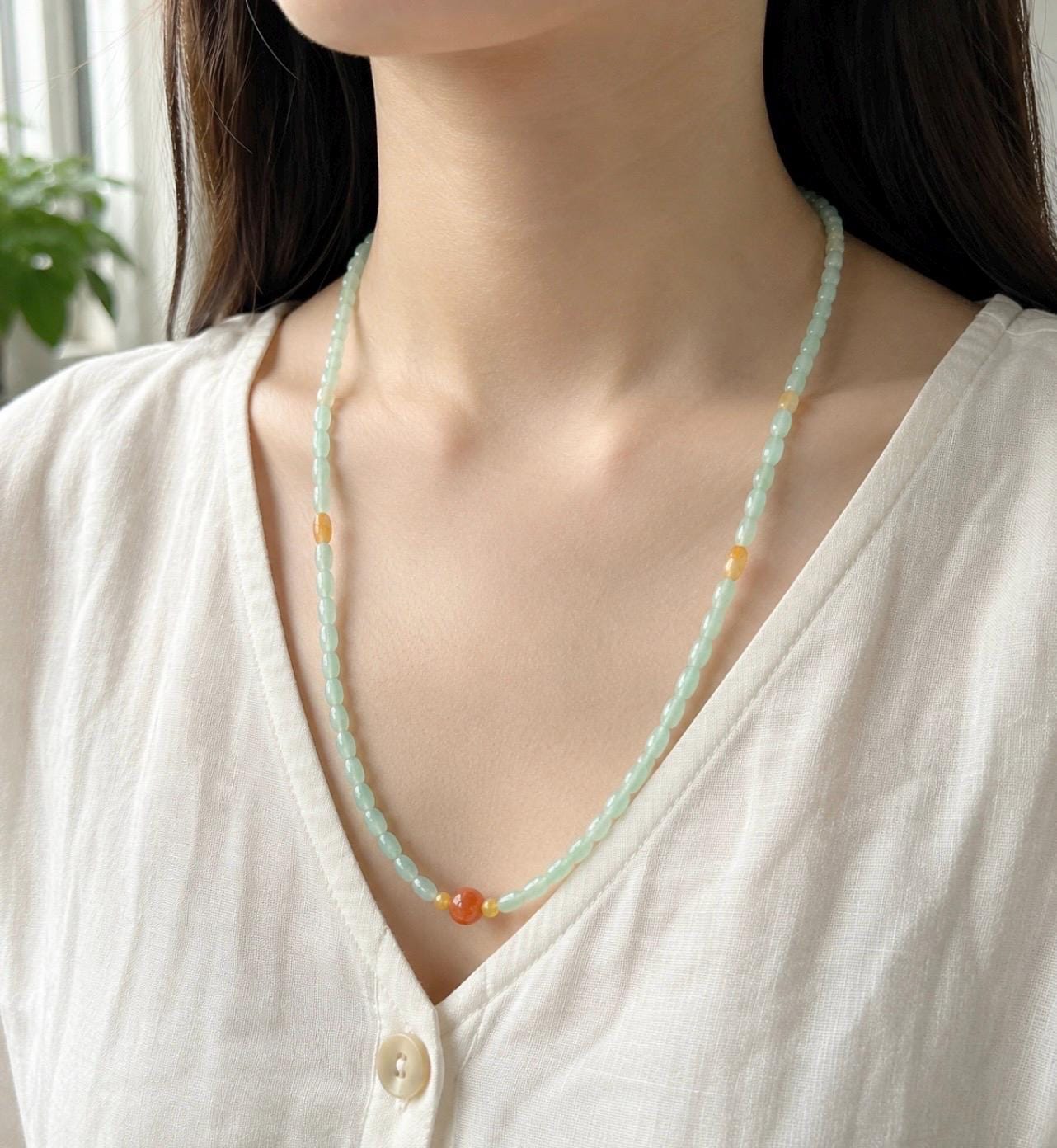 Certified Natural Jadeite Beaded Stacked Bracelet/Necklace Jewelry Burmese Type A Highly Translucent Icy Pale Green Jade Rice Beads 4mm