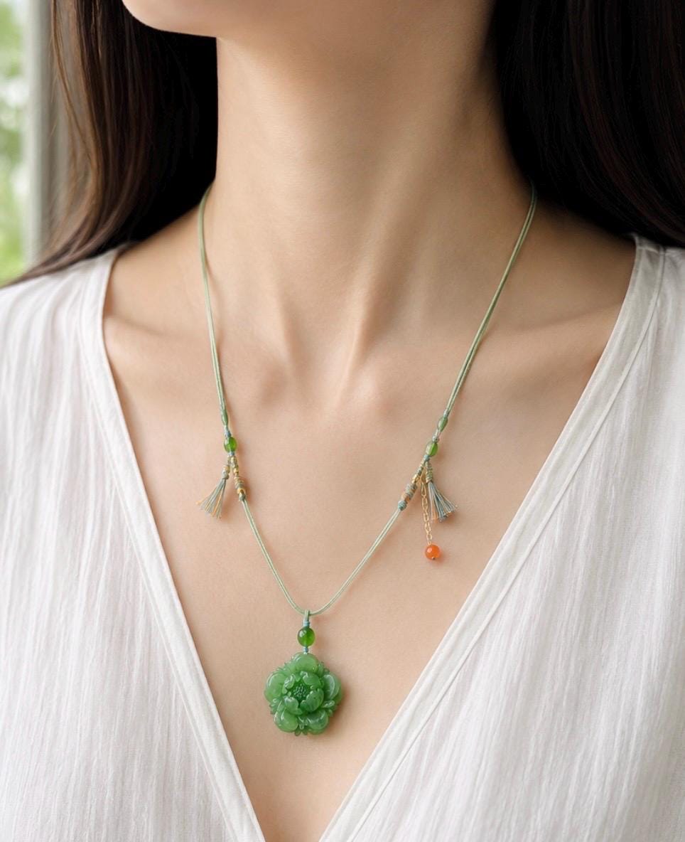 Natural Vivid Apple Green Nephrite Jade Peony Flower Pendant | Hand Carved Jade Necklace | Prosperity Amulet