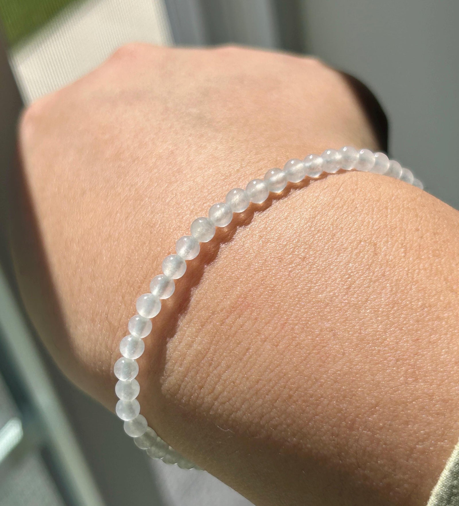 Natural Jadeite Beaded Bracelet – Burmese Type A Highly Translucent Icy Moonlight White Jade, 3.6mm, Minimalist Jewelry