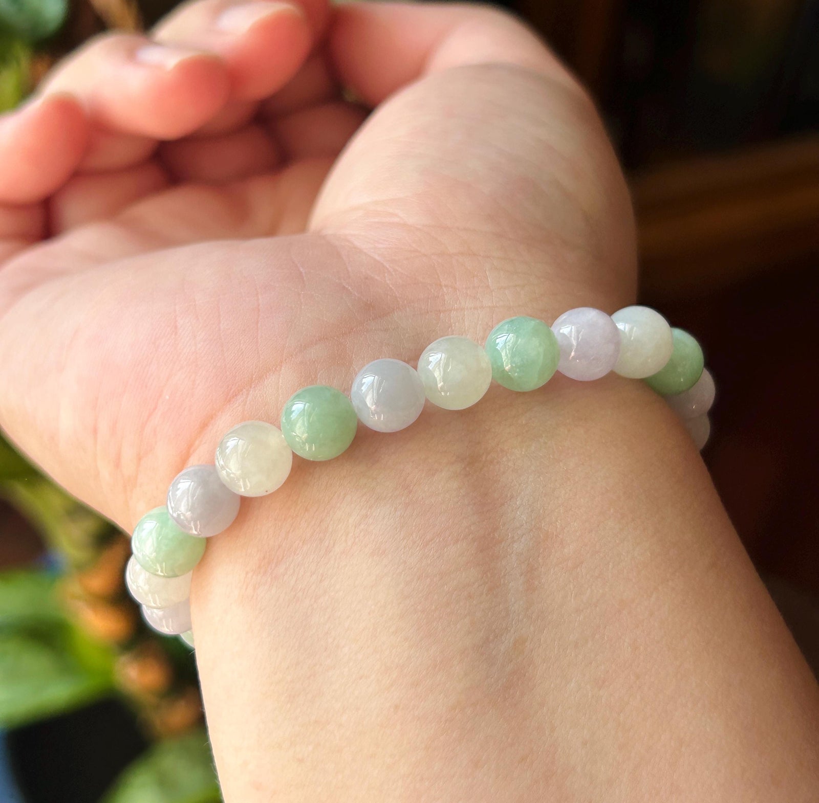 Natural Jadeite Beaded Bracelet, Burmese Type A Untreated Fine Glutinous Icy Macaron Pale Lavender & Green Jade, 7.5mm