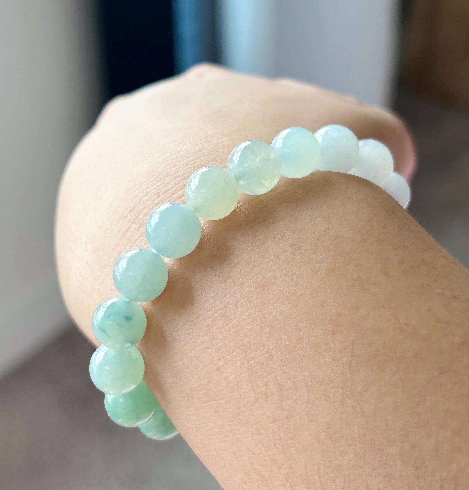 Natural Jadeite Beaded Bracelet, Burmese Type A Untreated Icy Translucent Gradient Blue and Green Jade, 9mm