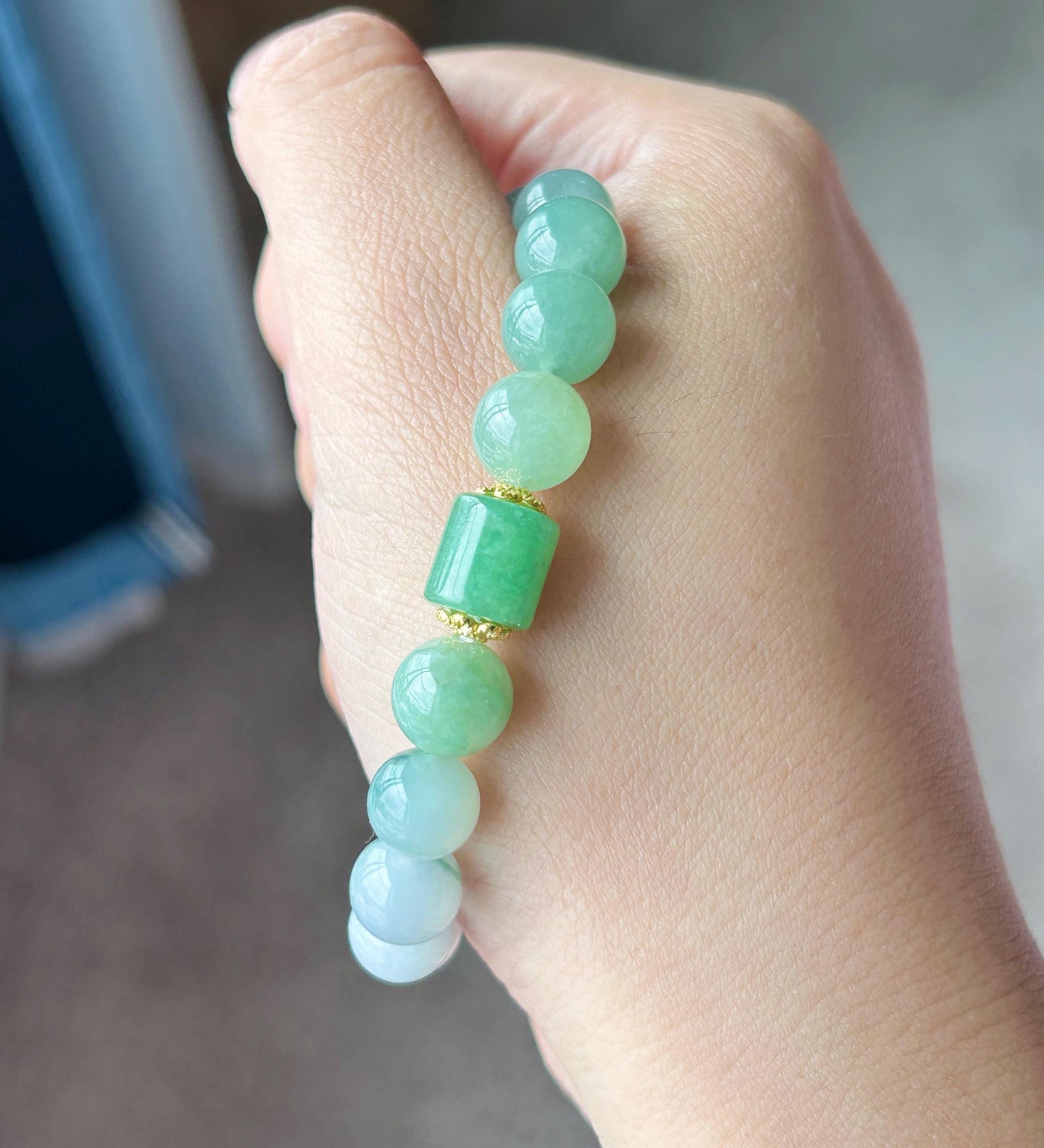 Natural Jadeite Beaded Bracelet, Burmese Type A Untreated Icy Translucent Gradient Blue and Green Jade, 9mm