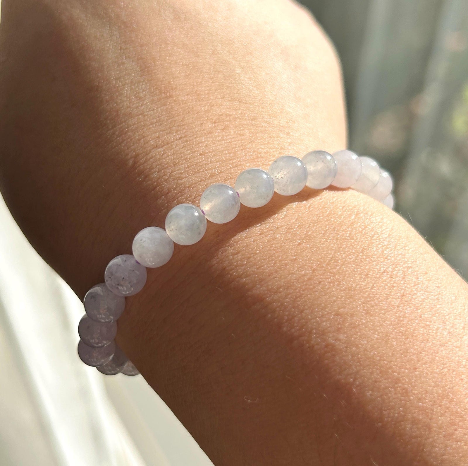 Natural Jadeite Beaded Bracelet, Burmese Type A Untreated Icy Translucent Soft Lavender & White WuJi Gradient Color Jade, 7mm