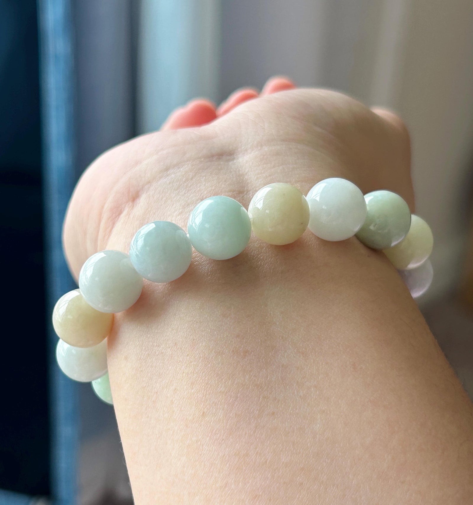 Natural Jadeite Beaded Bracelet, Burmese Type A Untreated Glutinous Pastel Macaron Multicolor Jade, 11.4mm