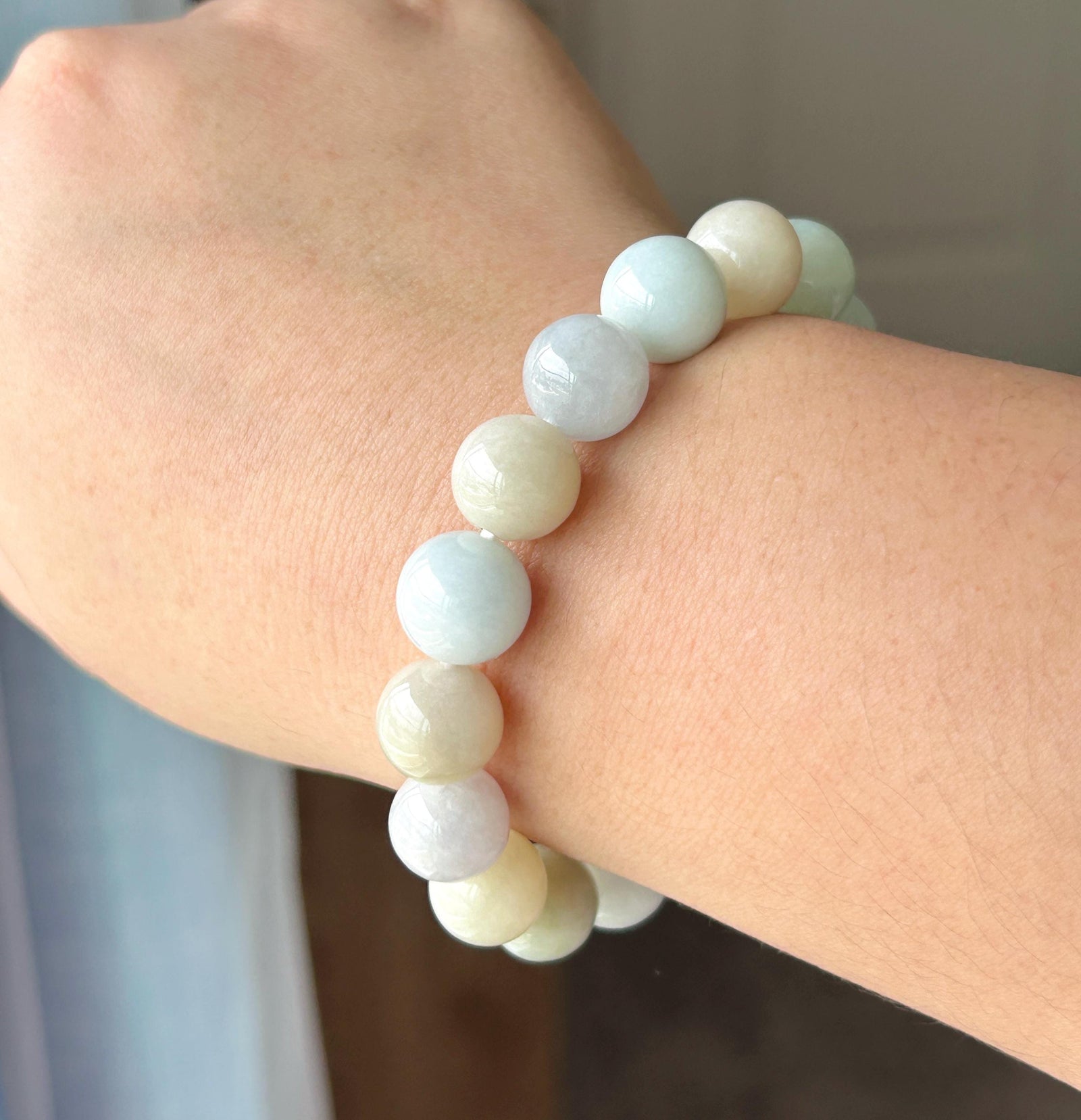 Natural Jadeite Beaded Bracelet, Burmese Type A Untreated Glutinous Pastel Macaron Multicolor Jade, 11.4mm