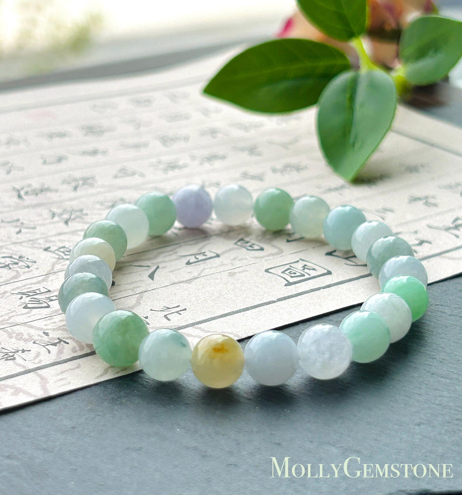Natural Jadeite Beaded Bracelet, Burmese Type A Untreated Translucent Icy Glutinous Macaron Multicolor Jade, 8mm+