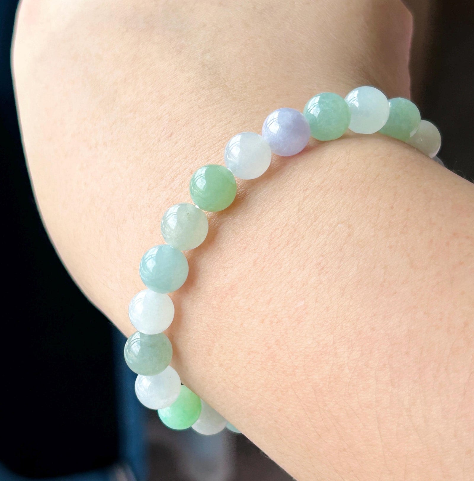 Natural Jadeite Beaded Bracelet, Burmese Type A Untreated Translucent Icy Glutinous Macaron Multicolor Jade, 8mm+