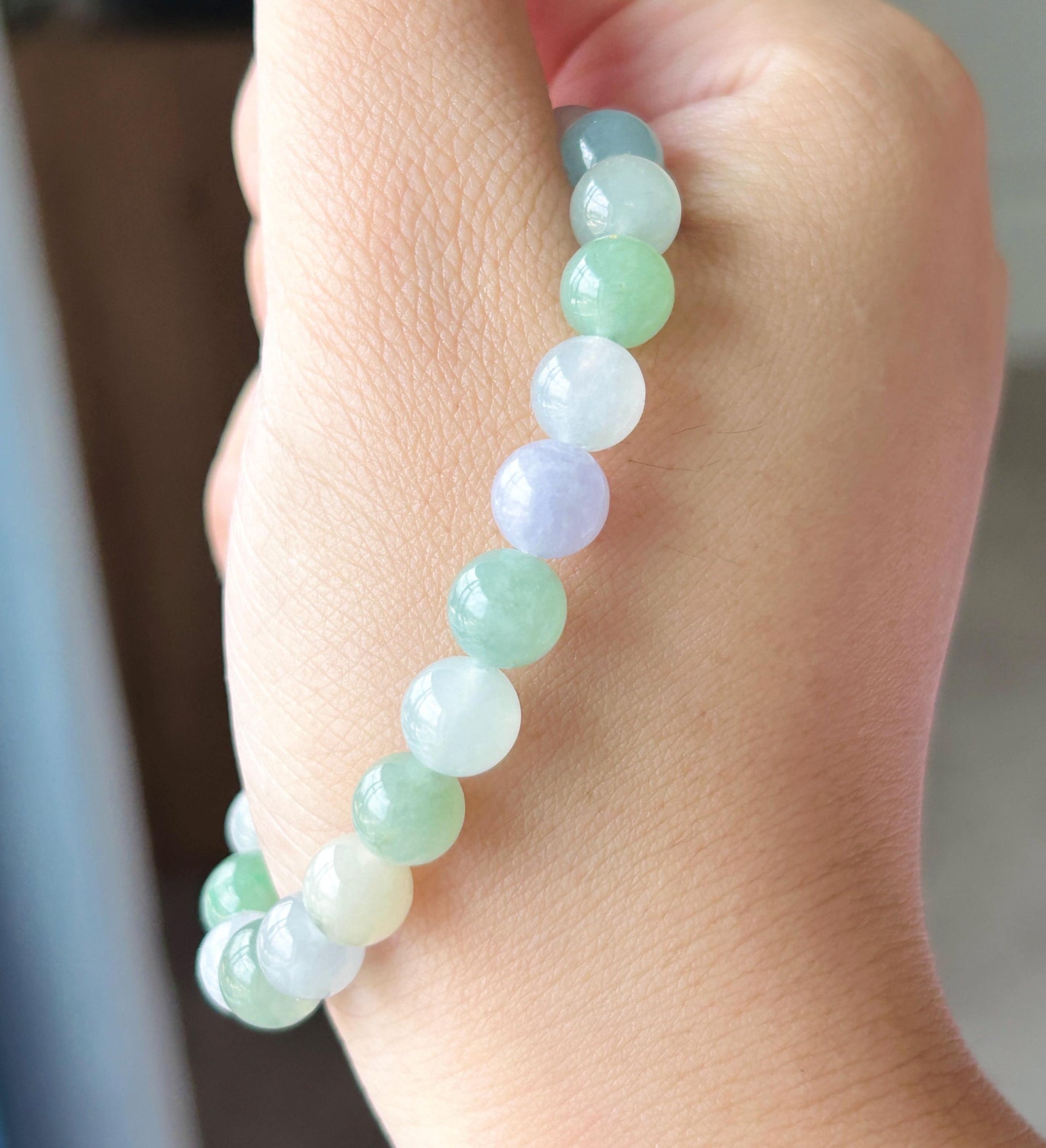 Natural Jadeite Beaded Bracelet, Burmese Type A Untreated Translucent Icy Glutinous Macaron Multicolor Jade, 8mm+