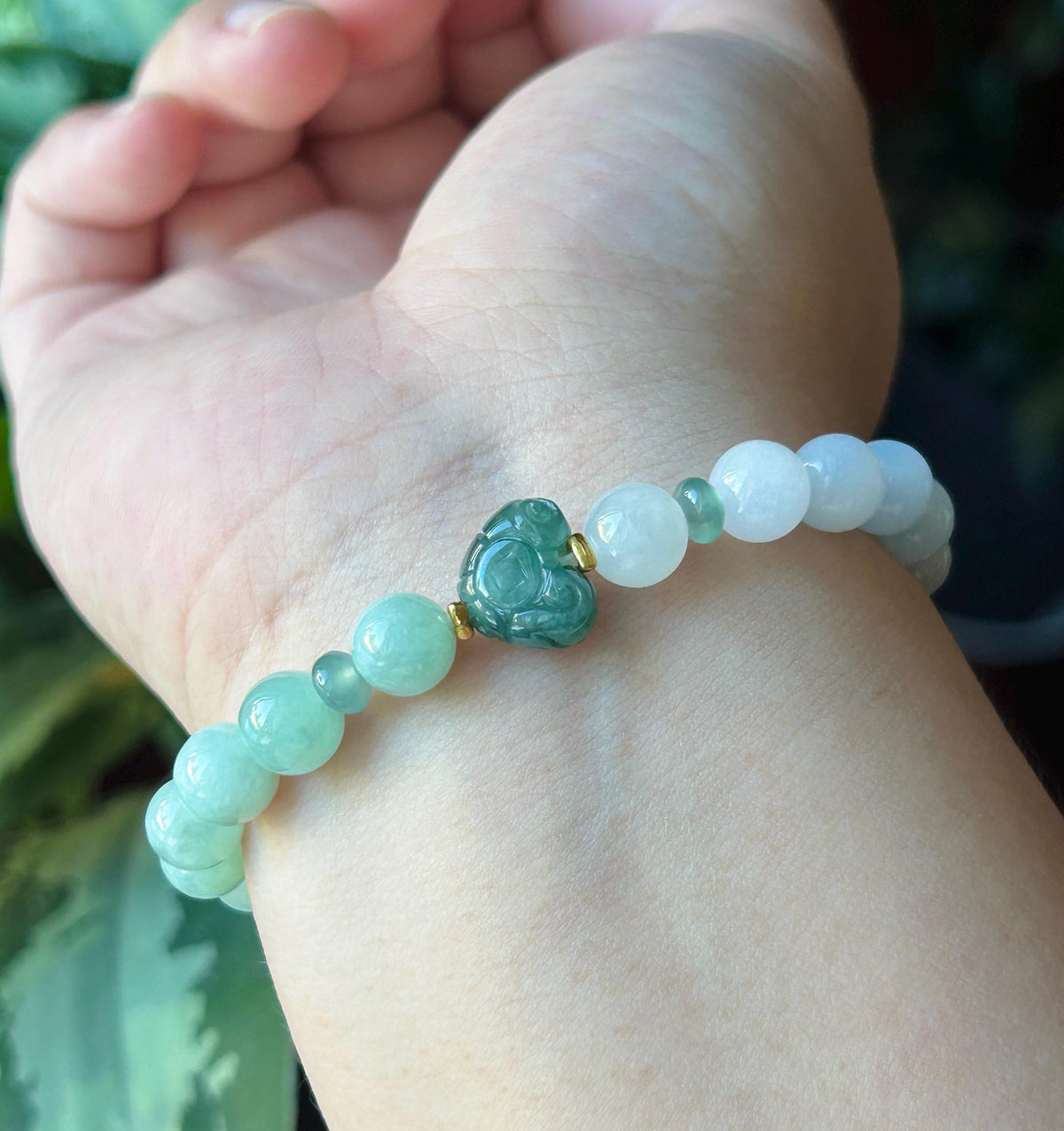 Natural Jadeite Beaded Bracelet, Burmese Type A Untreated Translucent Pale Apple Green, Blue, Icy White Gradient Color Jade, 8mm