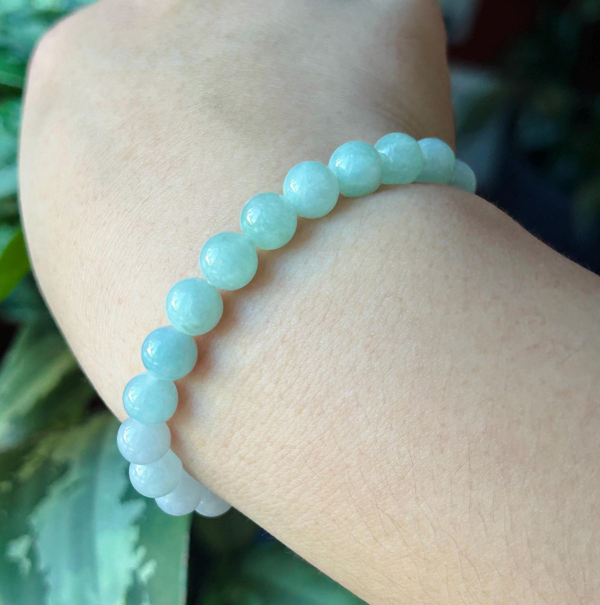 Natural Jadeite Beaded Bracelet, Burmese Type A Untreated Translucent Pale Apple Green, Blue, Icy White Gradient Color Jade, 8mm