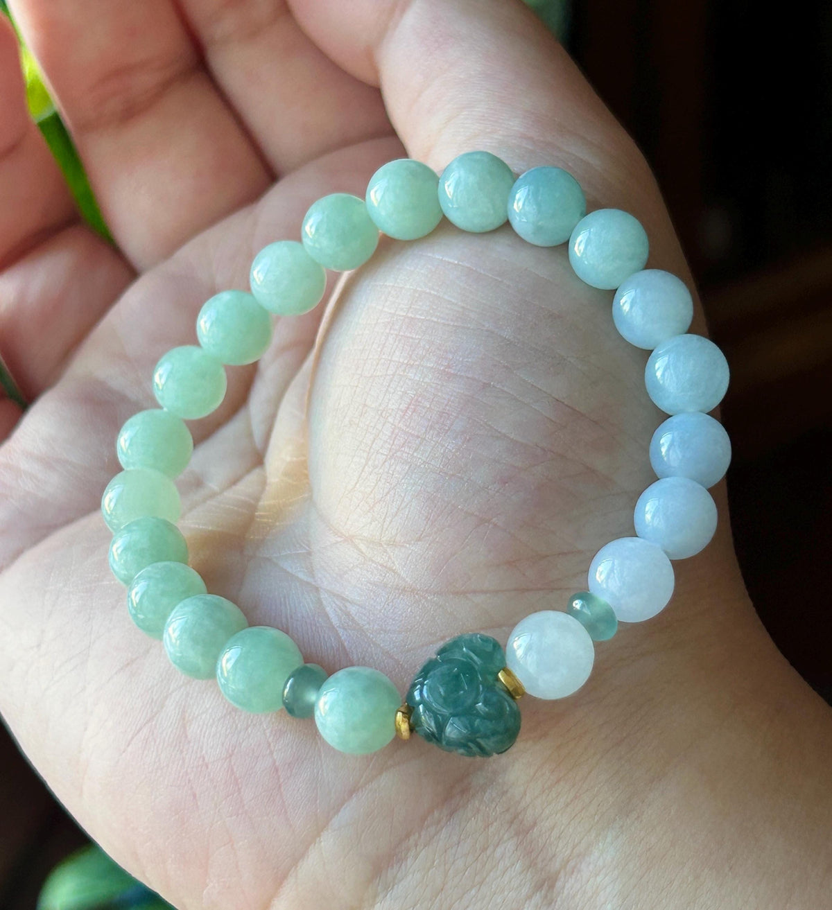 Natural Jadeite Beaded Bracelet, Burmese Type A Untreated Translucent Pale Apple Green, Blue, Icy White Gradient Color Jade, 8mm