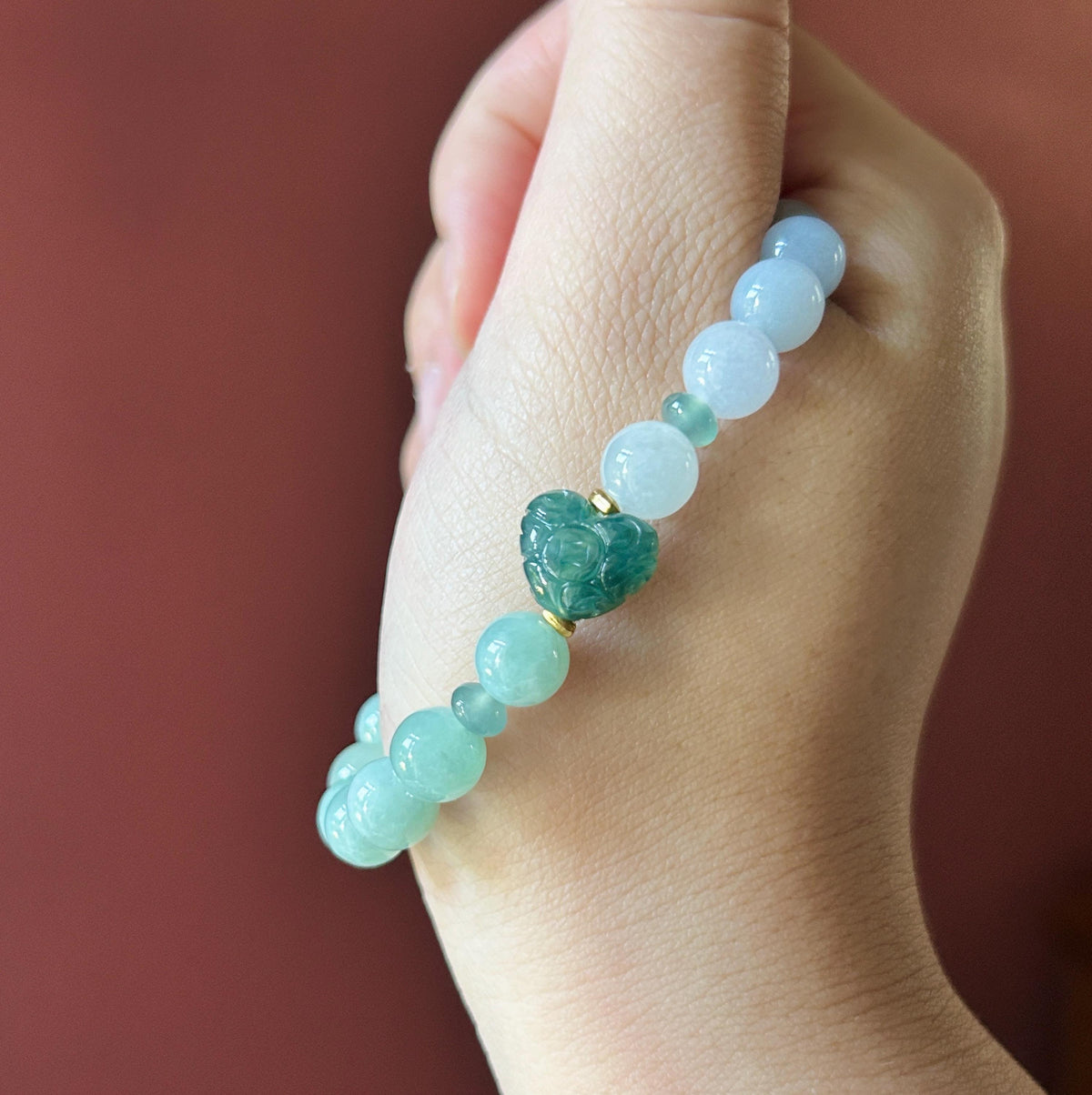 Natural Jadeite Beaded Bracelet, Burmese Type A Untreated Translucent Pale Apple Green, Blue, Icy White Gradient Color Jade, 8mm