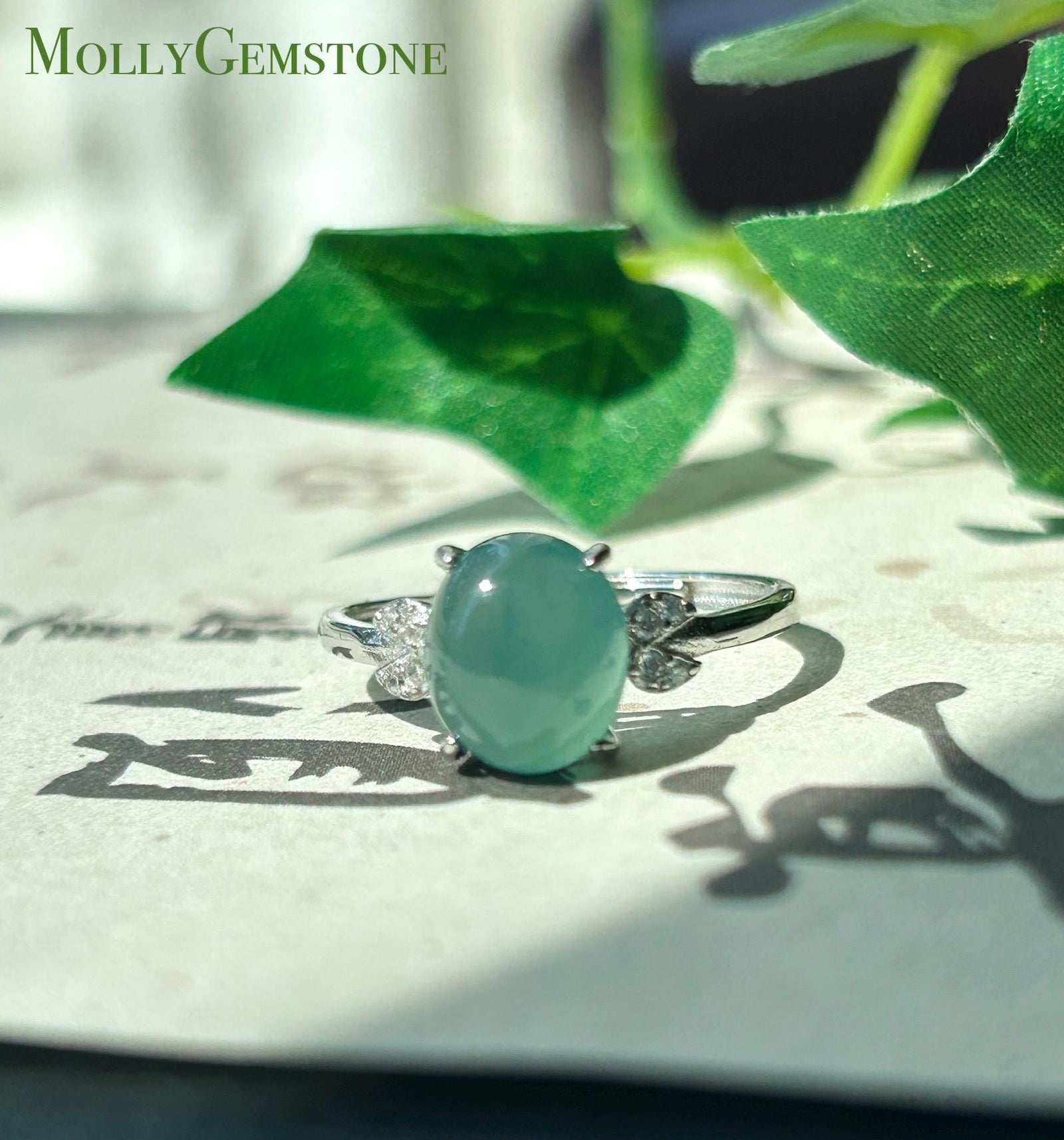 Natural Jadeite Ring Guatemalan Type A Highly Translucent Icy Ocean Blue Oval Cabochon Jade | Sterling Silver