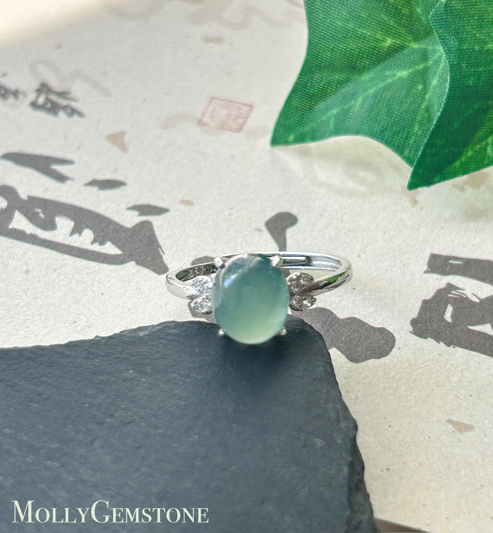 Natural Jadeite Ring Guatemalan Type A Highly Translucent Icy Ocean Blue Oval Cabochon Jade | Sterling Silver