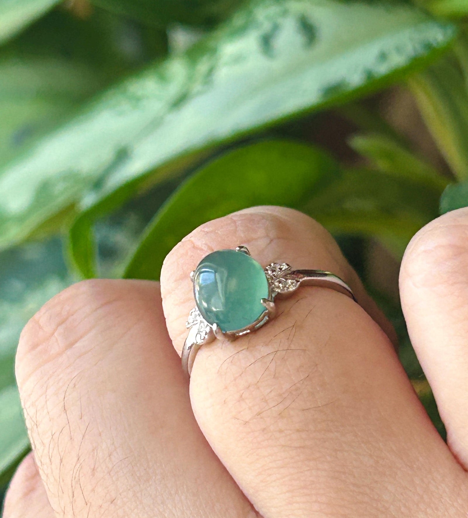 Natural Jadeite Ring Guatemalan Type A Highly Translucent Icy Ocean Blue Oval Cabochon Jade | Sterling Silver