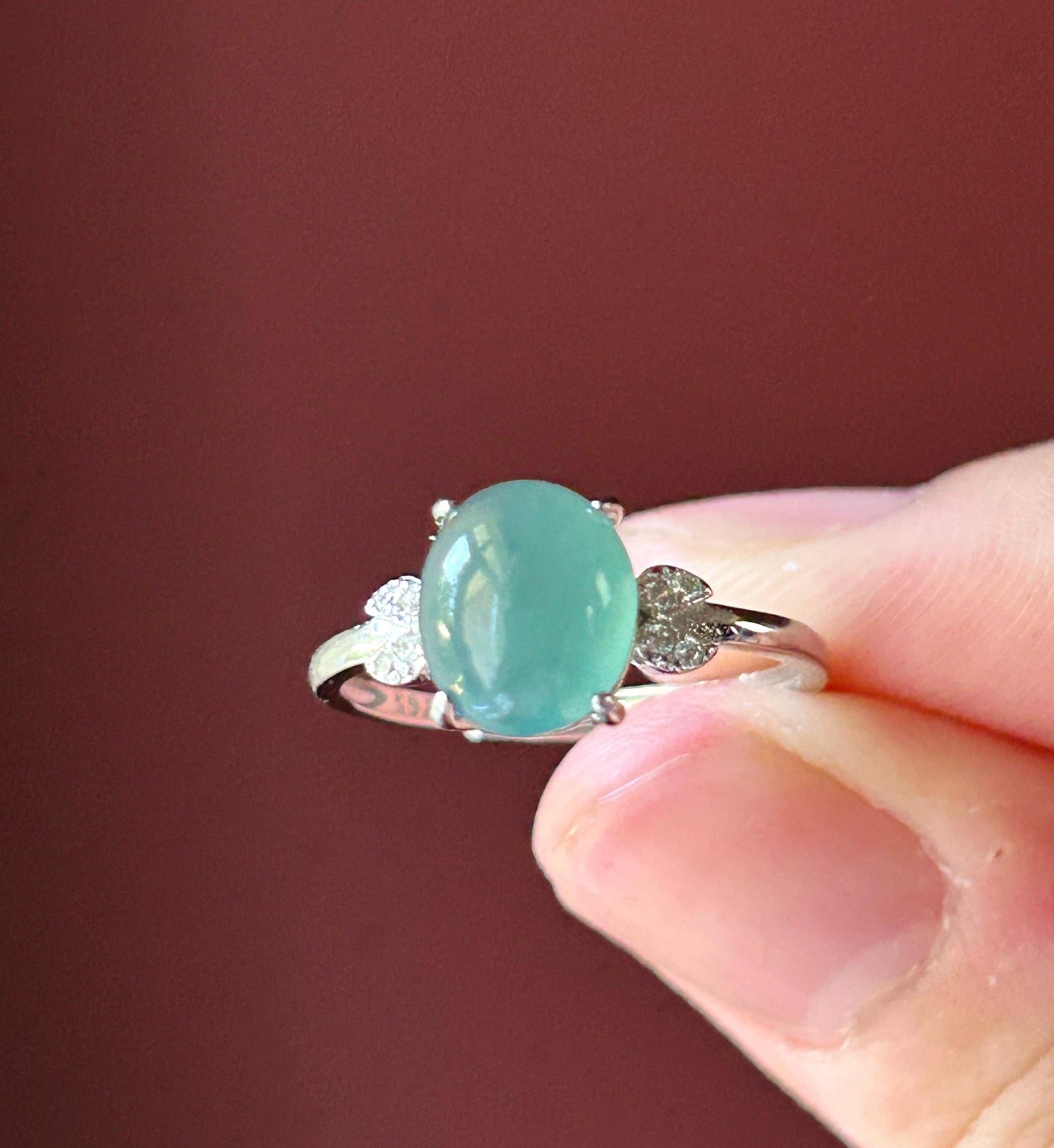 Natural Jadeite Ring Guatemalan Type A Highly Translucent Icy Ocean Blue Oval Cabochon Jade | Sterling Silver