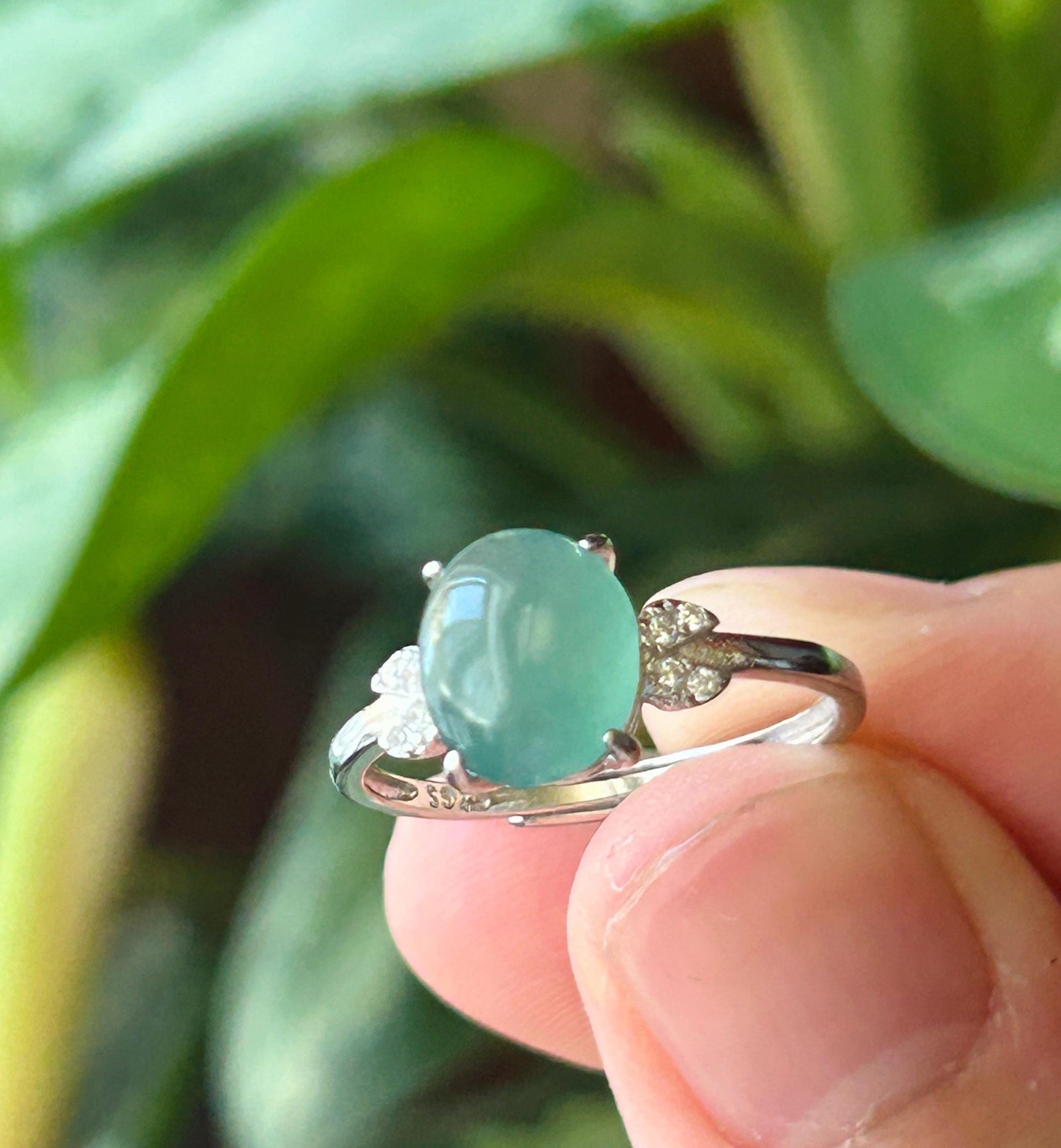 Natural Jadeite Ring Guatemalan Type A Highly Translucent Icy Ocean Blue Oval Cabochon Jade | Sterling Silver