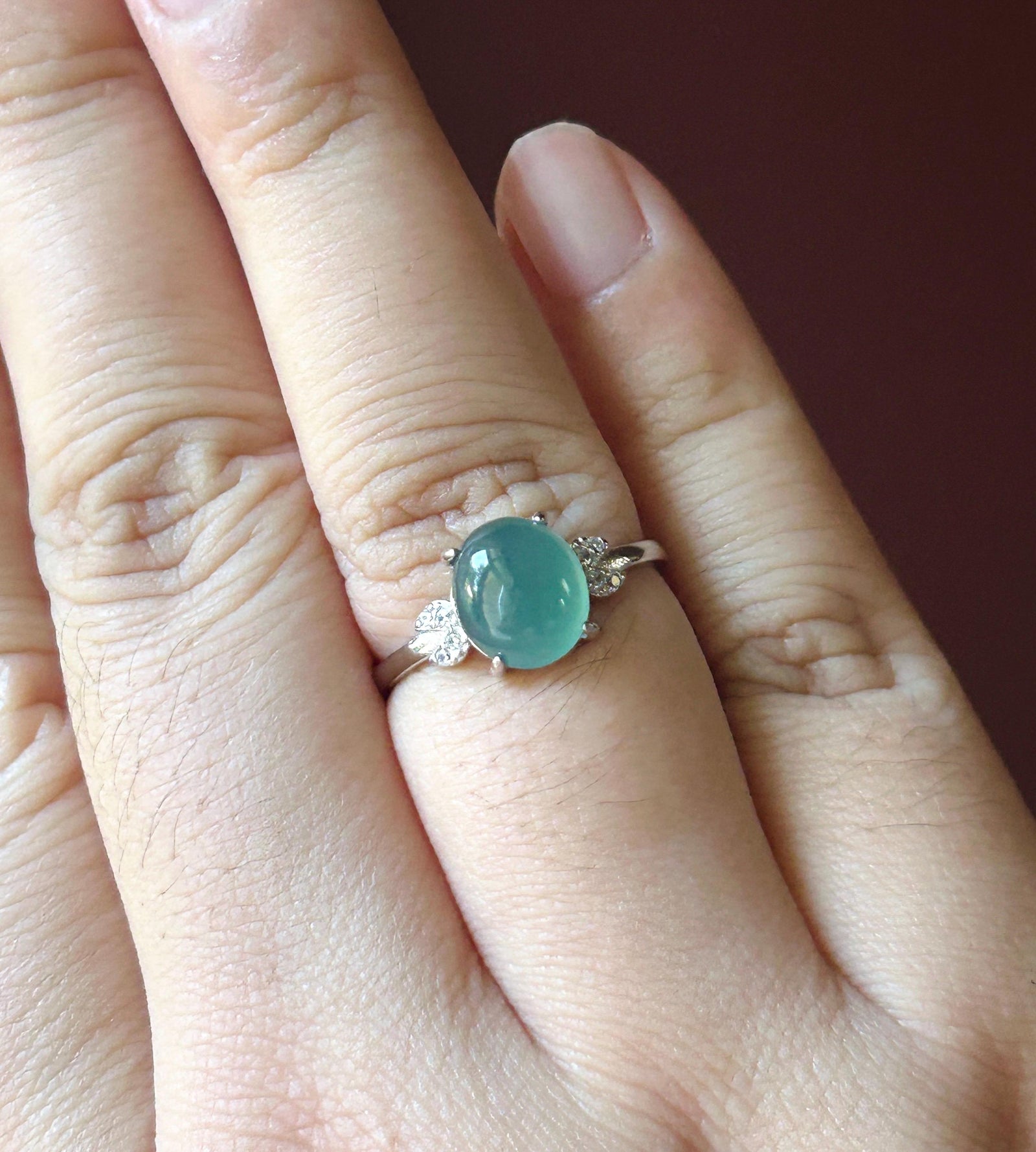 Natural Jadeite Ring Guatemalan Type A Highly Translucent Icy Ocean Blue Oval Cabochon Jade | Sterling Silver