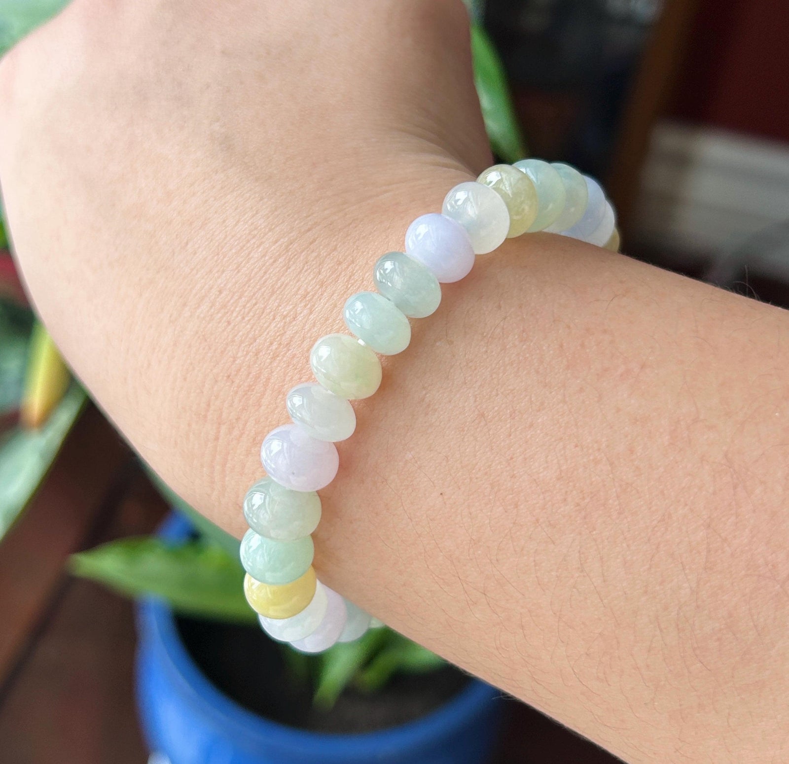 Natural Jadeite Beaded Bracelet, Burmese Type A Untreated Highly Translucent Icy Glutinous Candy Macaron Multicolor Jade, 9.5mm