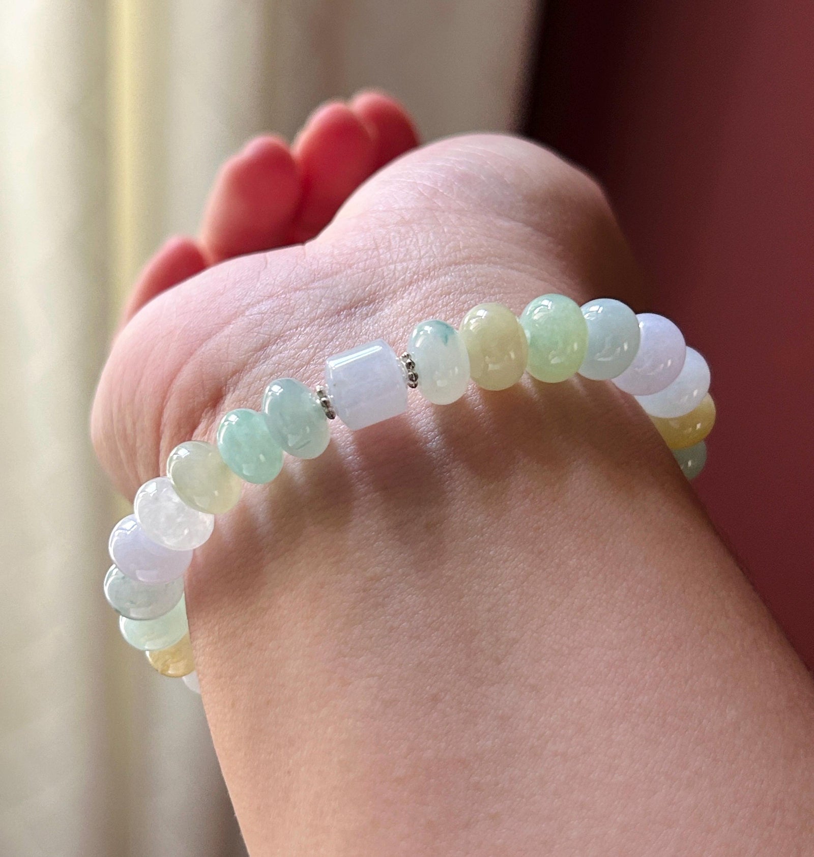 Natural Jadeite Beaded Bracelet, Burmese Type A Untreated Highly Translucent Icy Glutinous Candy Macaron Multicolor Jade, 9.5mm