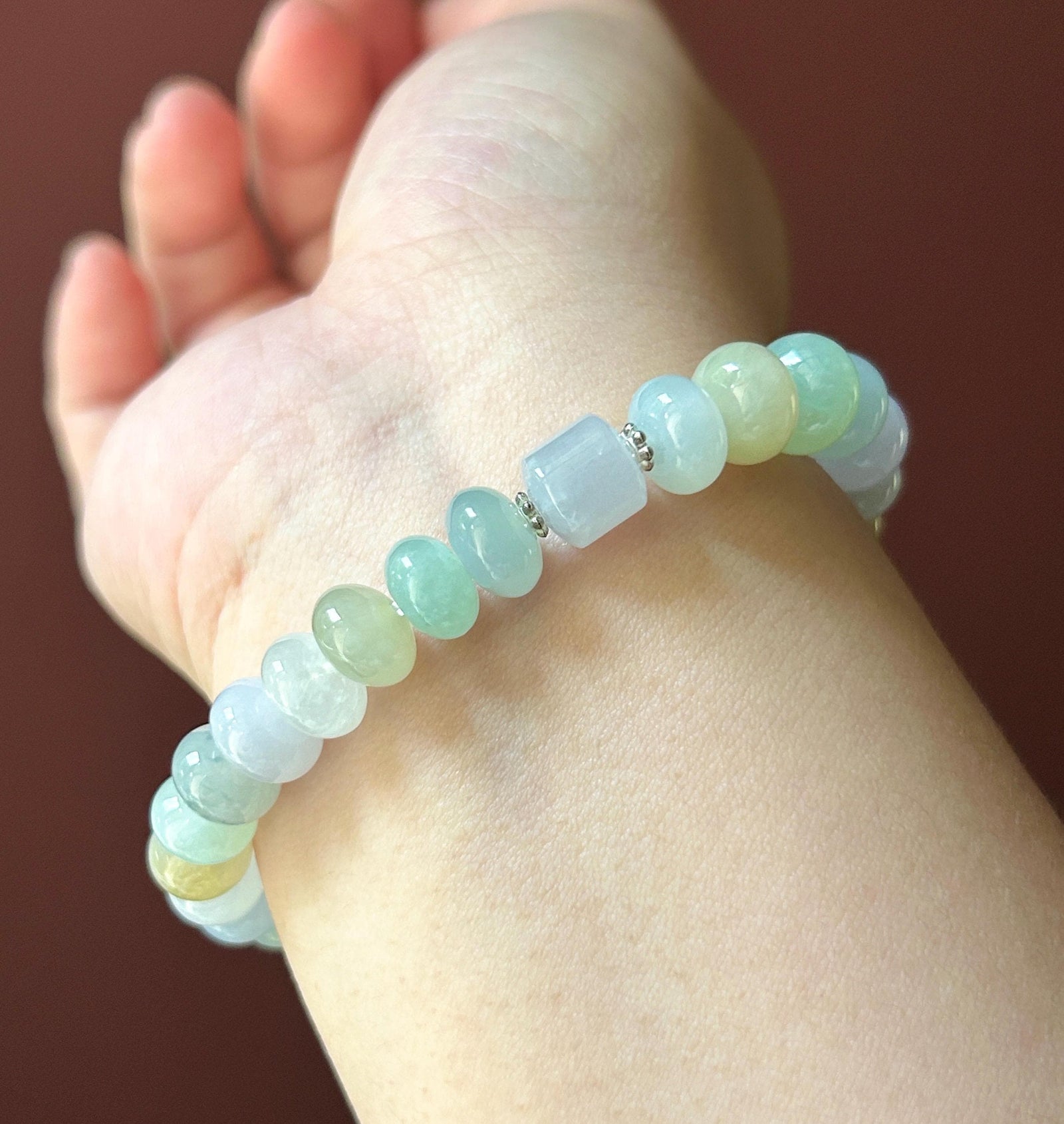 Natural Jadeite Beaded Bracelet, Burmese Type A Untreated Highly Translucent Icy Glutinous Candy Macaron Multicolor Jade, 9.5mm