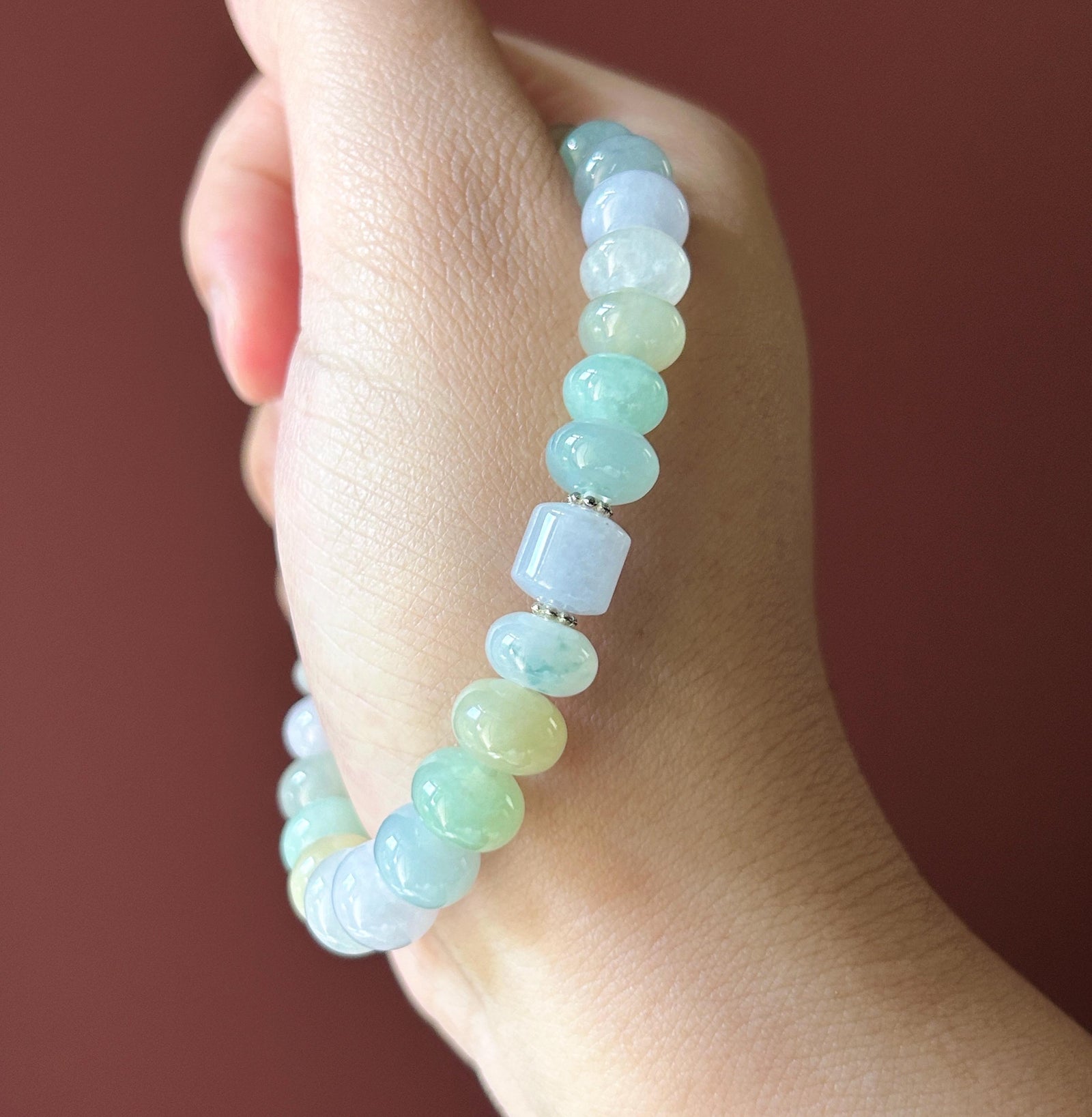 Natural Jadeite Beaded Bracelet, Burmese Type A Untreated Highly Translucent Icy Glutinous Candy Macaron Multicolor Jade, 9.5mm