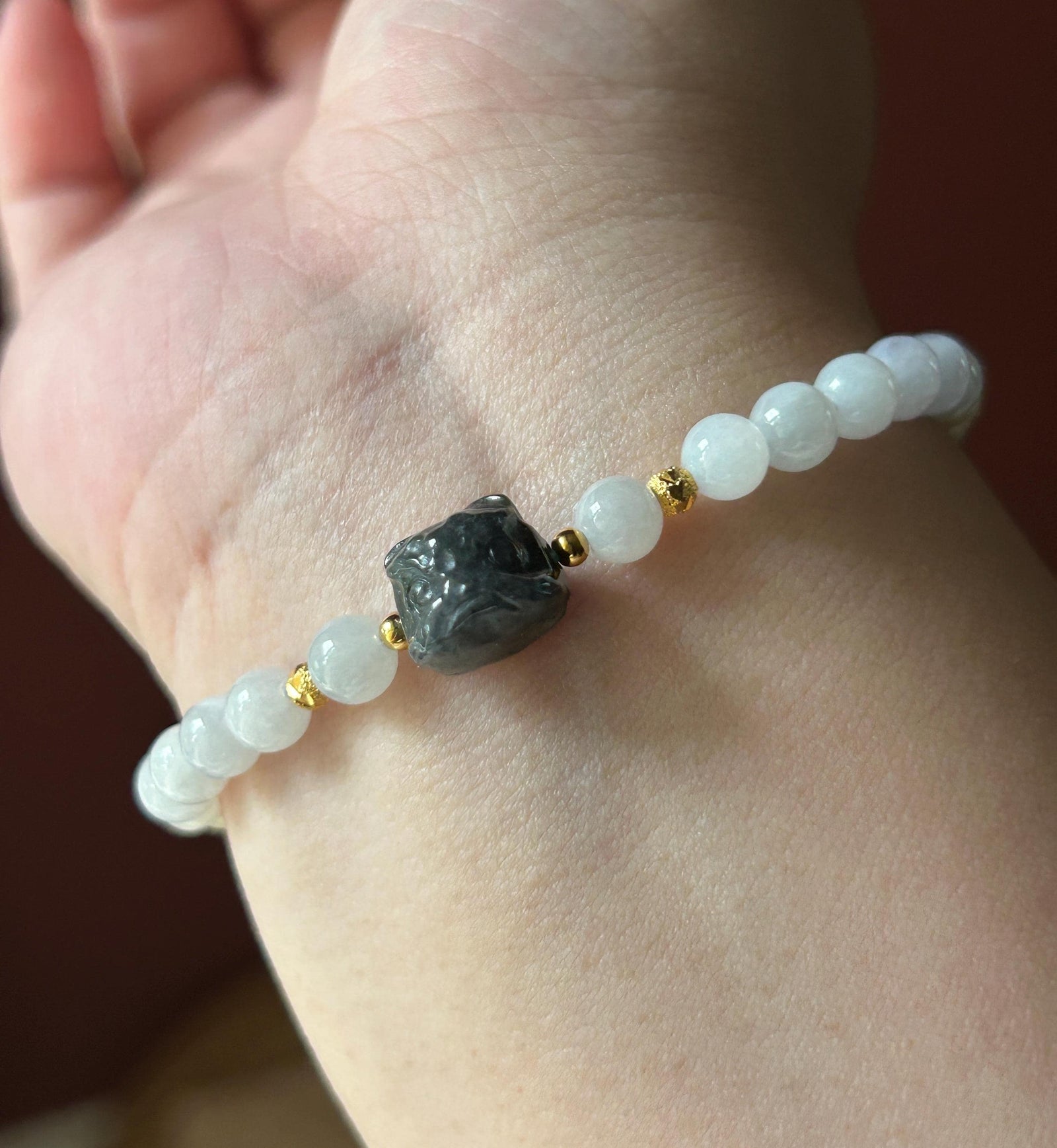 Natural Jadeite Beaded Bracelet – Burmese Type A Untreated Glutinous White Jade with Wuji Black Lion Charm, 6mm, Protection Amulet