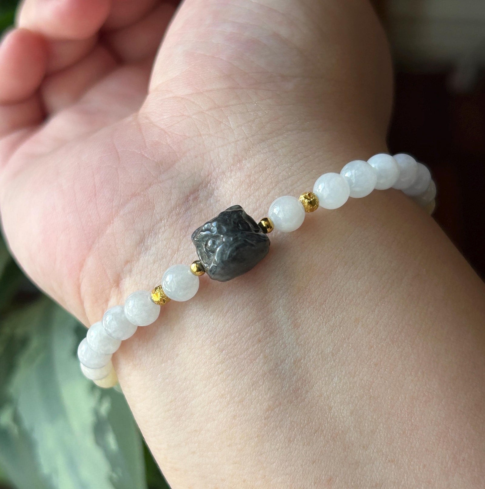 Natural Jadeite Beaded Bracelet – Burmese Type A Untreated Glutinous White Jade with Wuji Black Lion Charm, 6mm, Protection Amulet