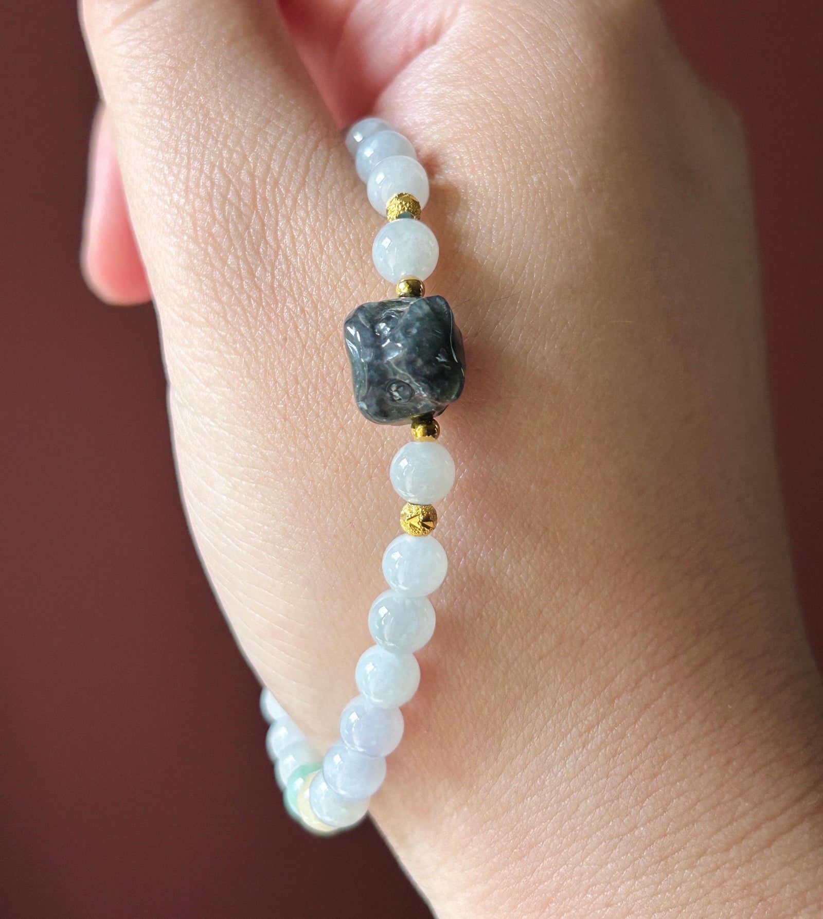 Natural Jadeite Beaded Bracelet – Burmese Type A Untreated Glutinous White Jade with Wuji Black Lion Charm, 6mm, Protection Amulet