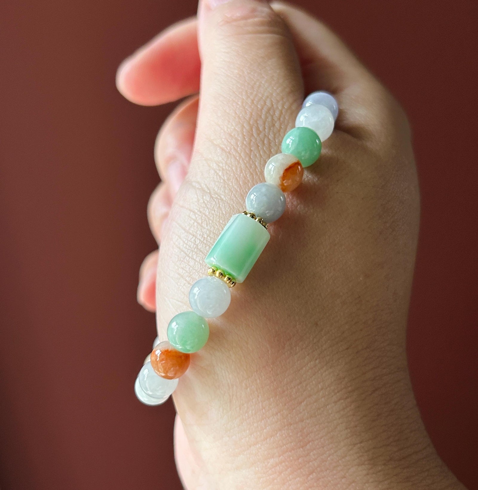 Natural Jadeite Beaded Bracelet, Burmese Type A Untreated Fine Glutinous Icy Multicolor Jade, 7mm