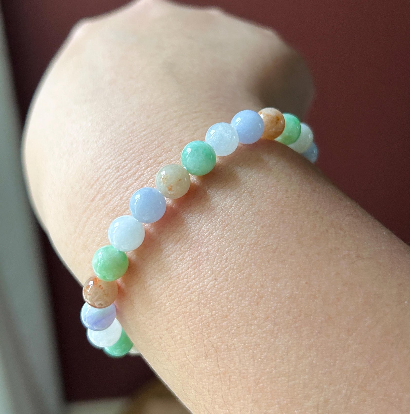 Natural Jadeite Beaded Bracelet, Burmese Type A Untreated Fine Glutinous Icy Multicolor Jade, 7mm