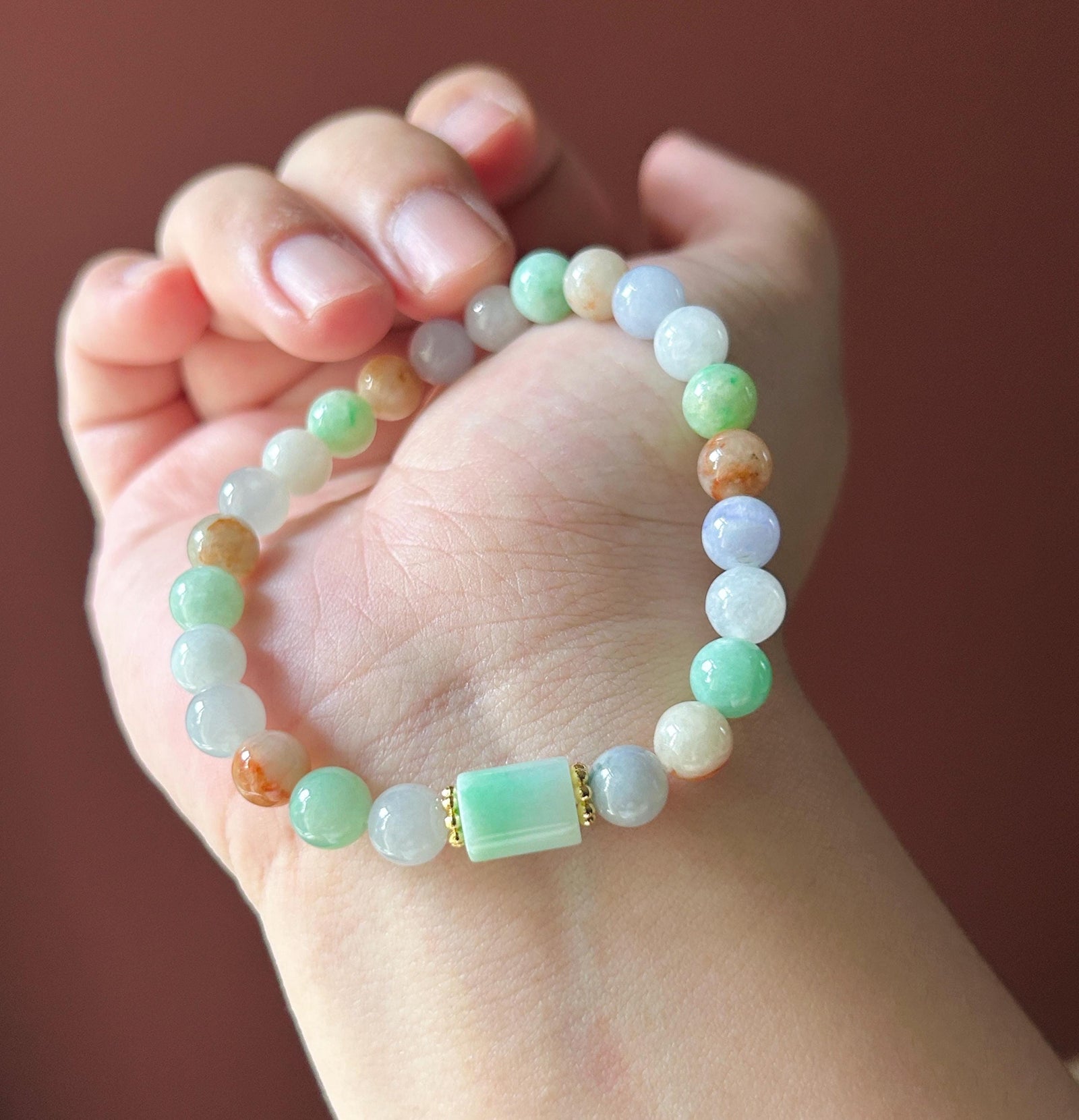 Natural Jadeite Beaded Bracelet, Burmese Type A Untreated Fine Glutinous Icy Multicolor Jade, 7mm