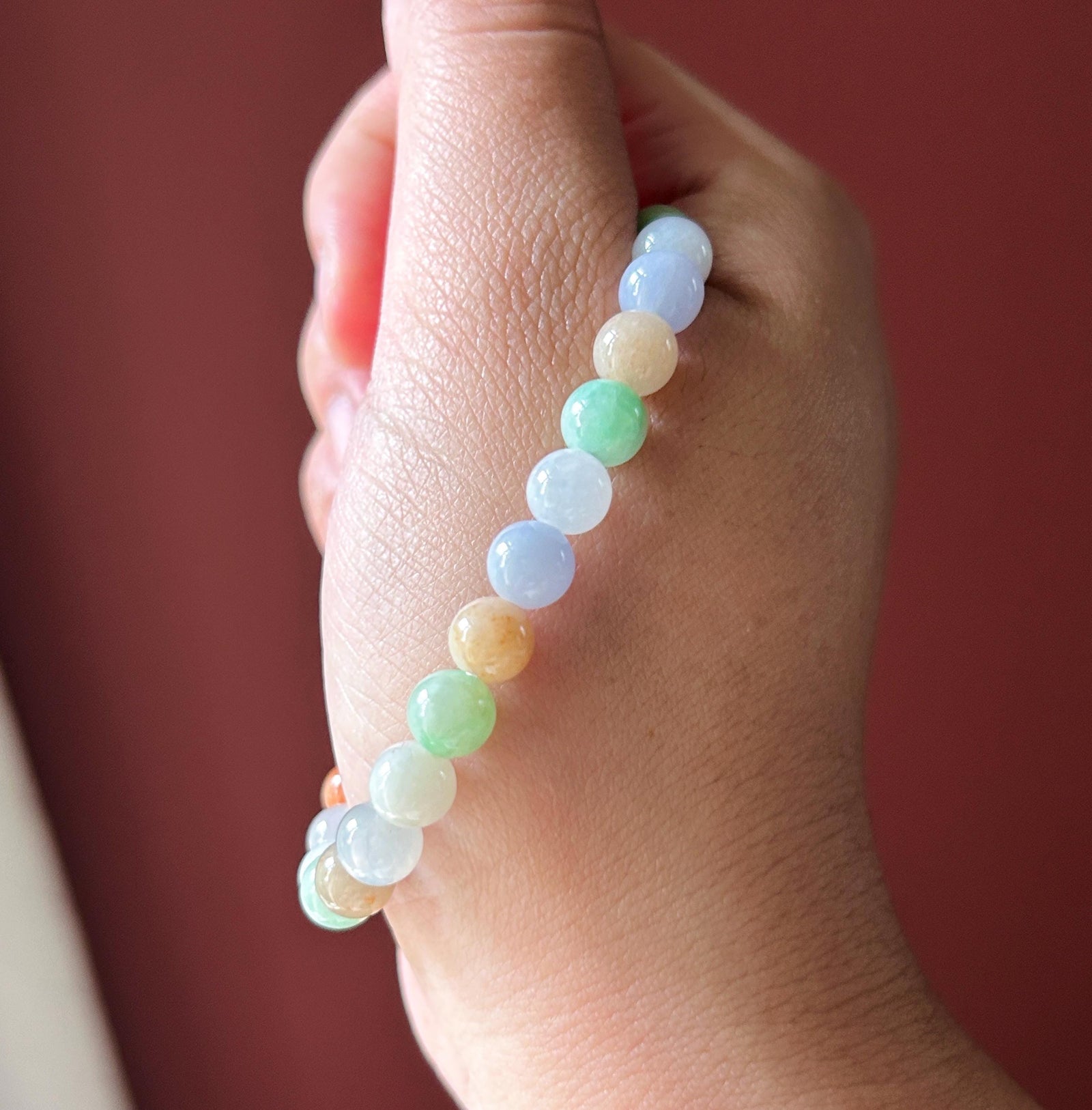 Natural Jadeite Beaded Bracelet, Burmese Type A Untreated Fine Glutinous Icy Multicolor Jade, 7mm